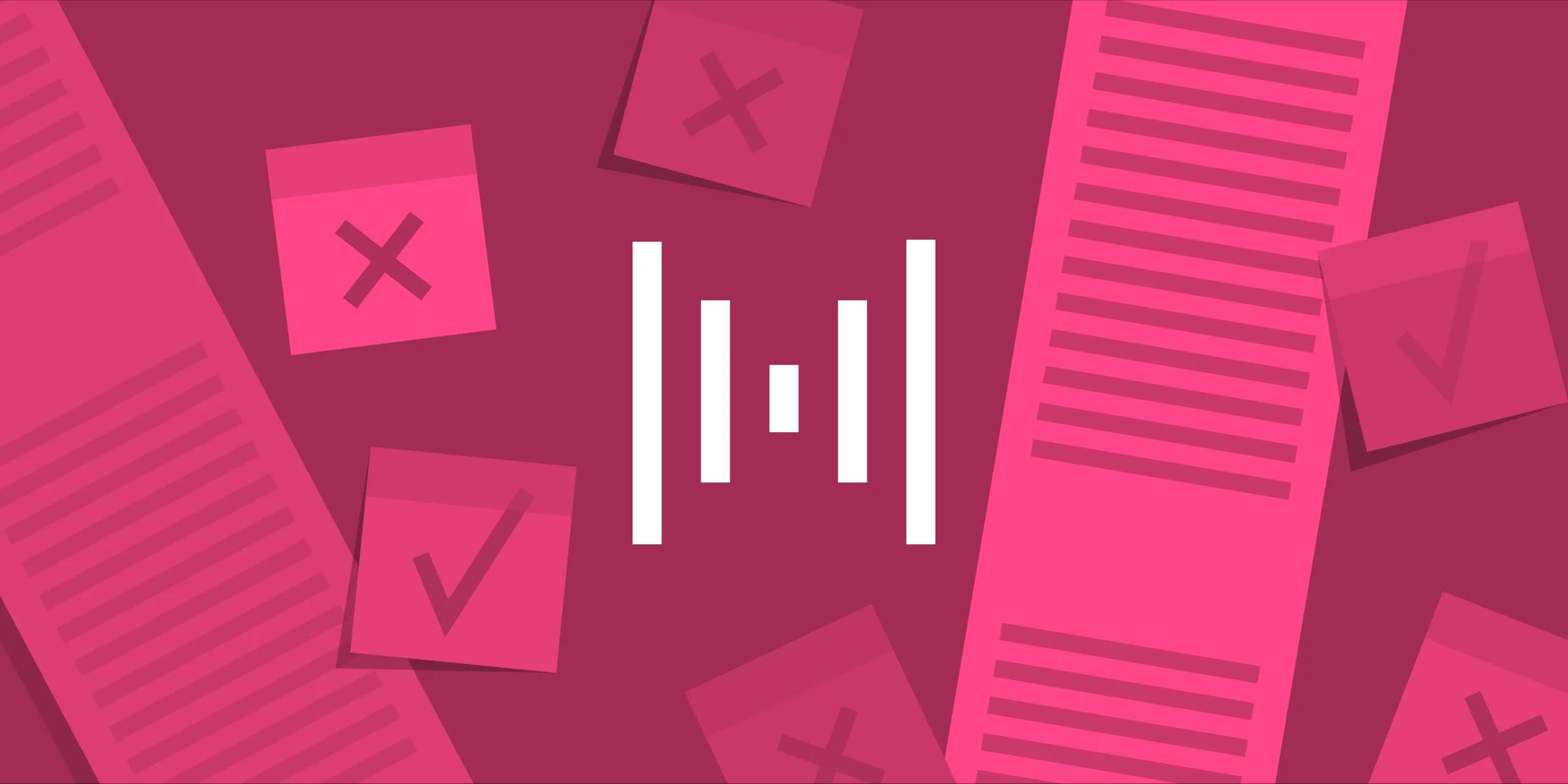 Pink background with lined paper, check and X marks.