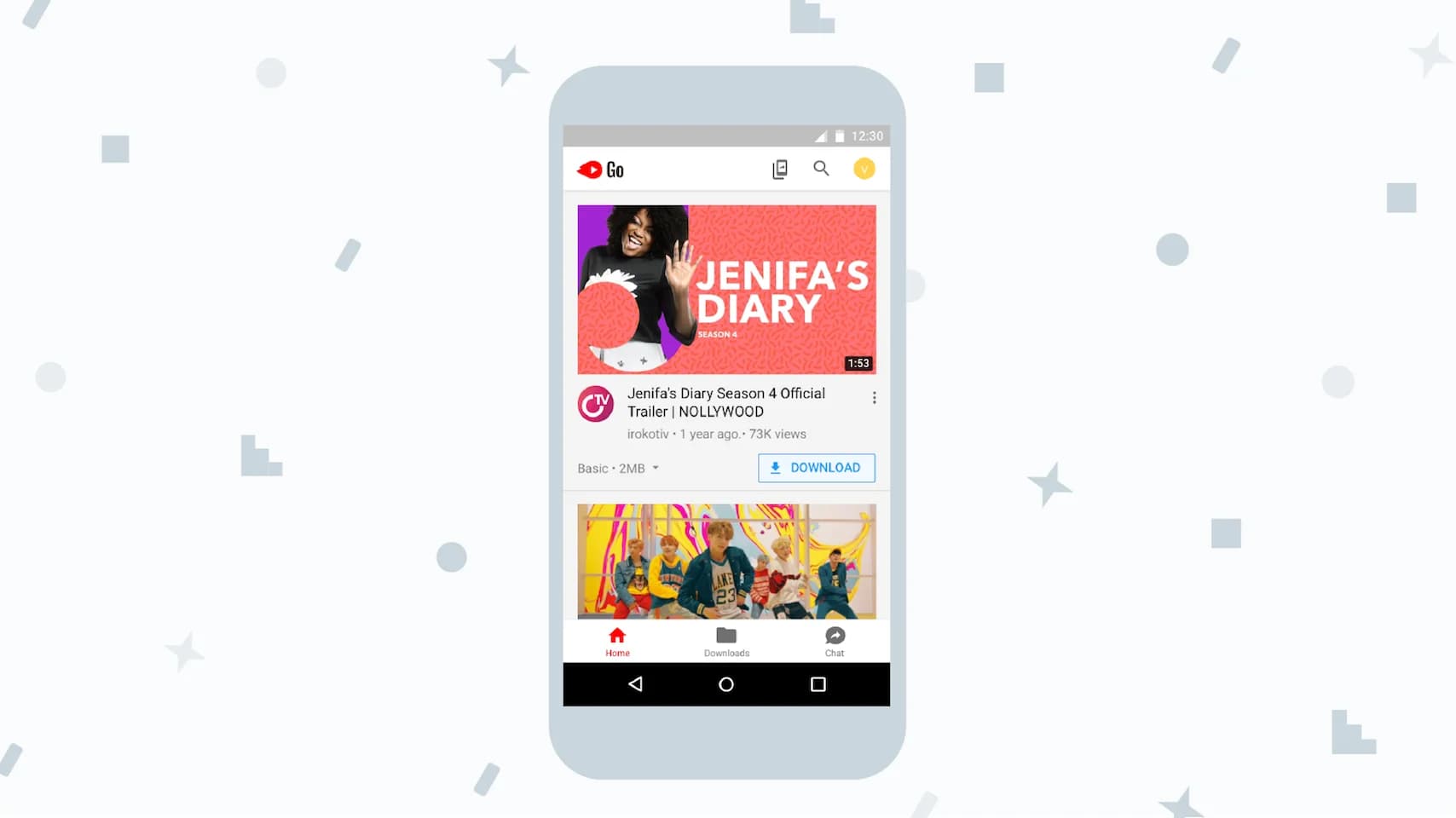 Screenshot of the YouTube Go app playing Jenifa's Diary Season 4 trailer. Download button is visible.