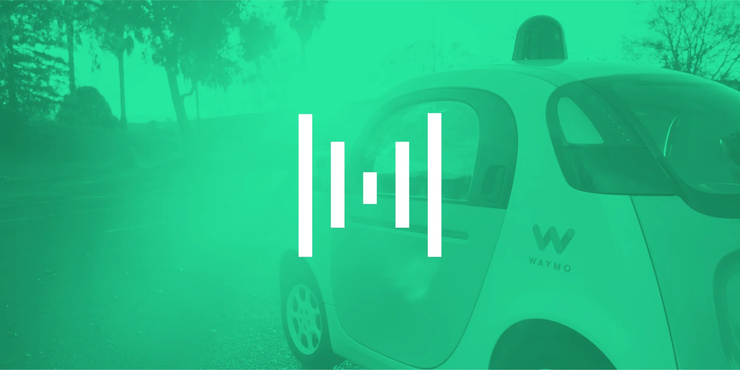 A teal-tinted photo of a Waymo self-driving car parked on a street.