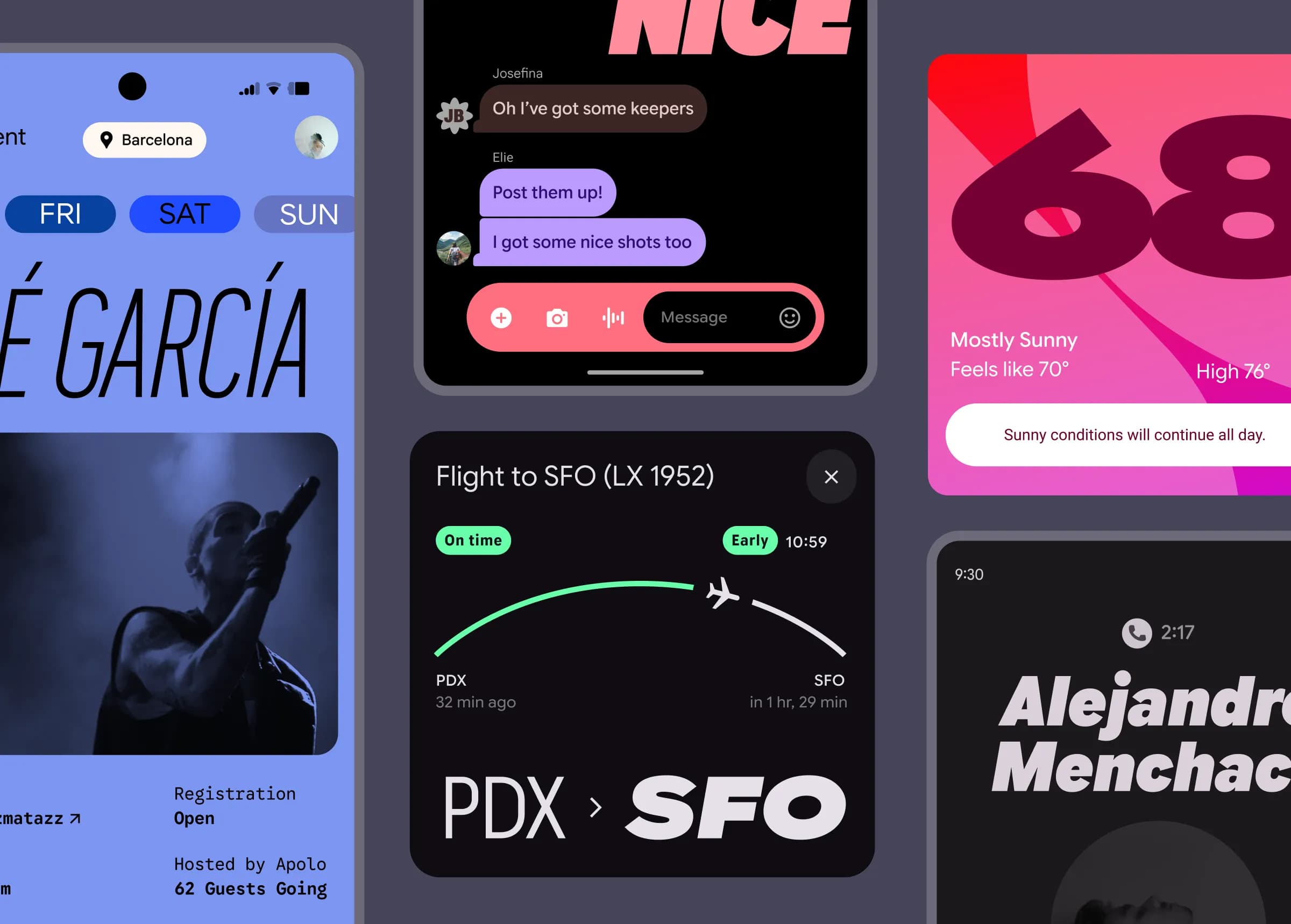 Google Sans Flex used in a range of speculative third-party screens for apps including in a flight tracker and weather widget.