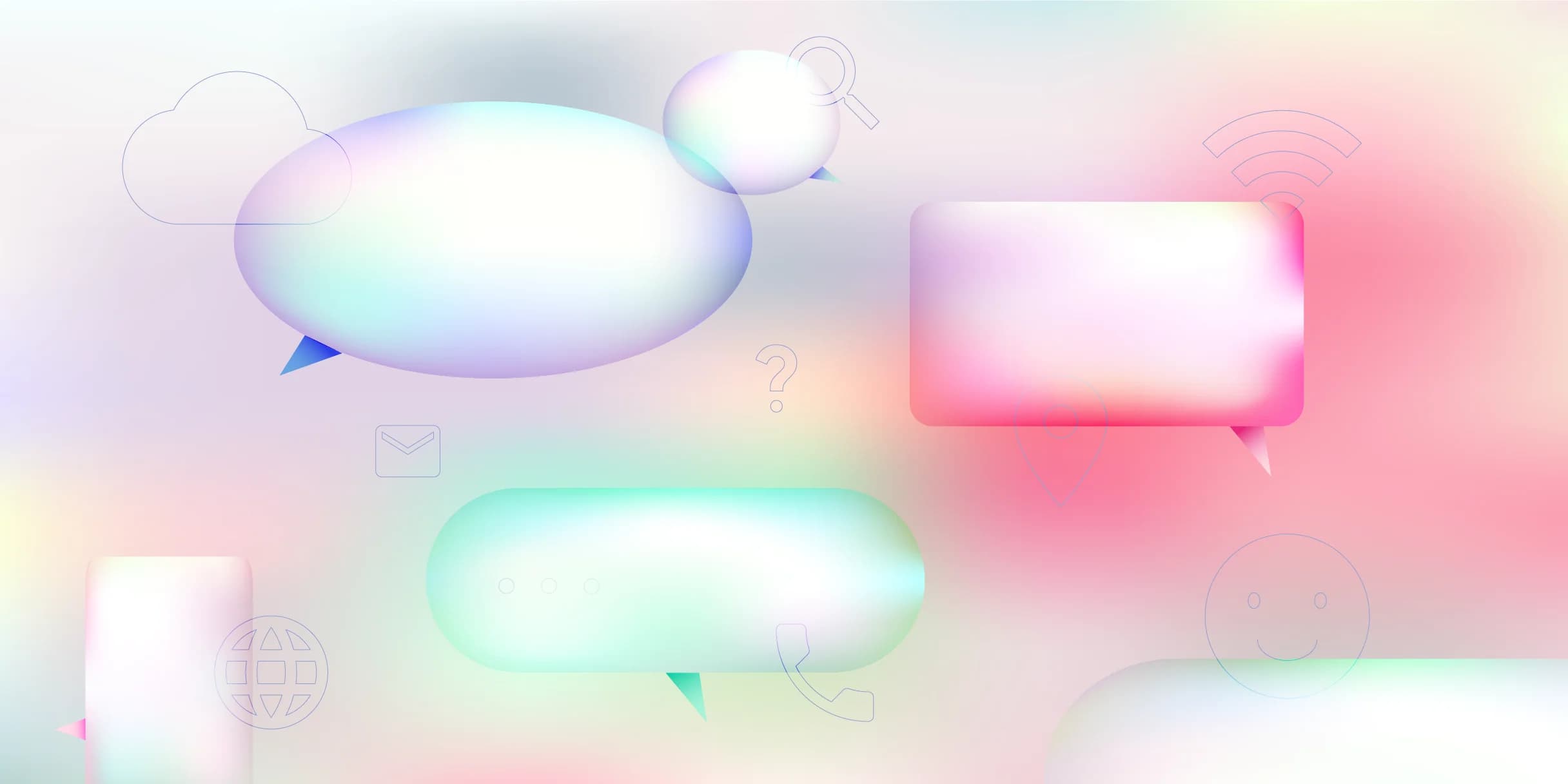 Pastel gradient background with translucent speech bubbles and communication icons