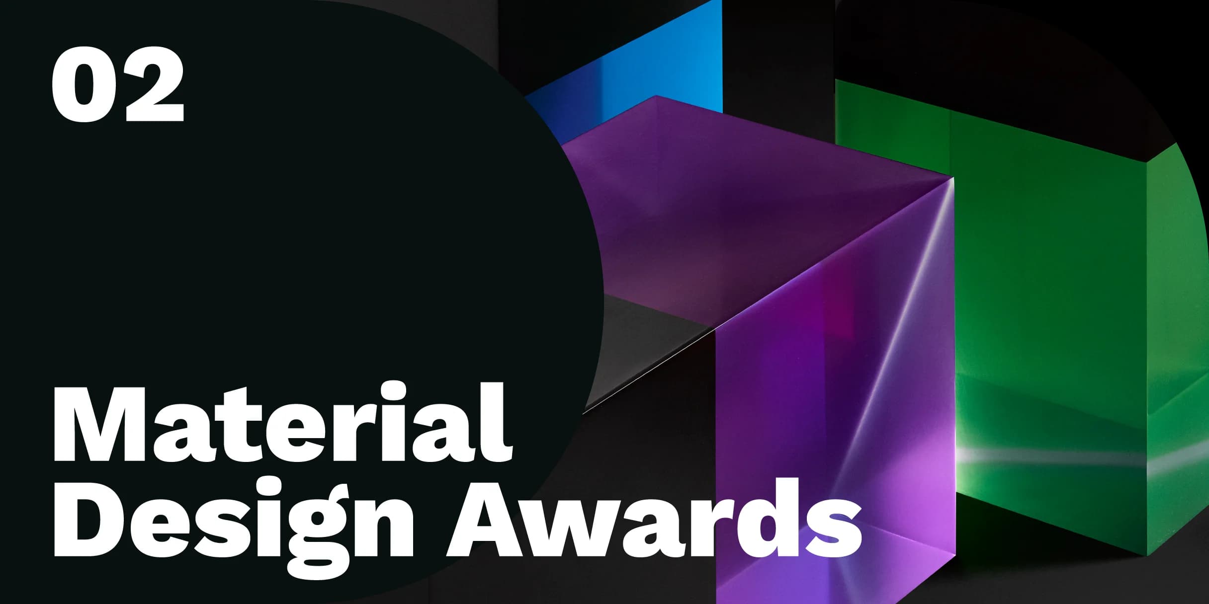 Purple, green, and blue geometric shapes emerge from a dark background.
