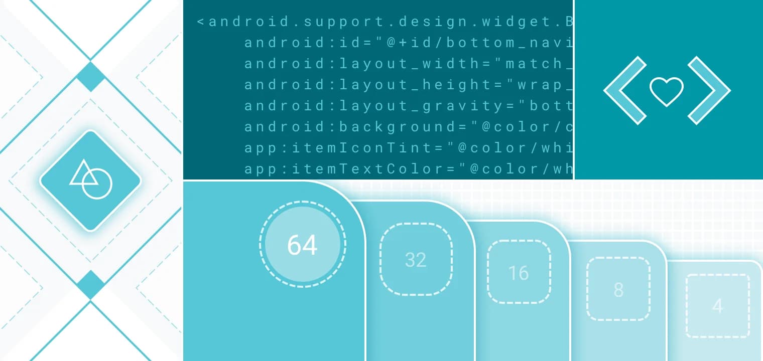 Teal graphic with overlapping rounded rectangles numbered 4, 8, 16, 32, 64. Code snippet for bottom navigation bar. Stylized code brackets.