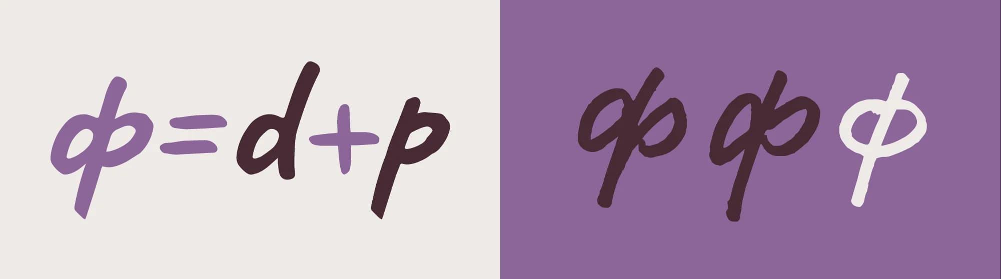 Handwritten formula "dp=d+p" shown twice. First in separate purple and dark purple. Second, all dark purple with slashed zero "ø".