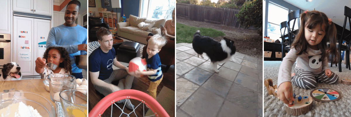 A photo collage shows kids engaged in different activities: baking, playing ball, with a dog outside, and playing a board game.