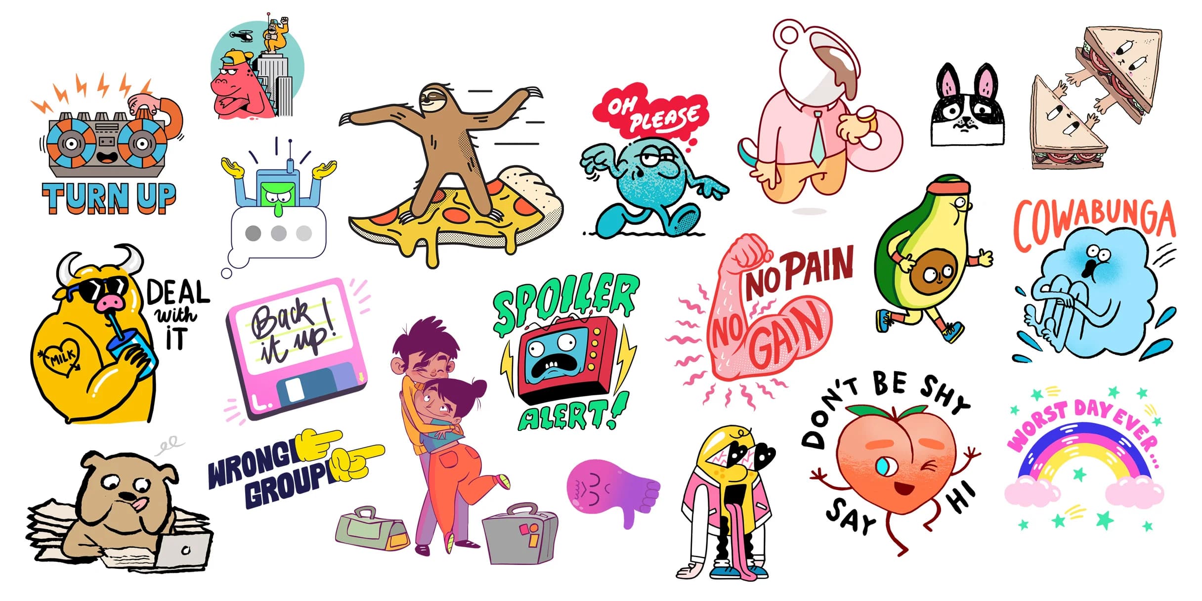 Whimsical cartoon stickers include a sloth on pizza, a flexing bicep, anthropomorphic foods, and fun phrases like "Worst Day Ever."