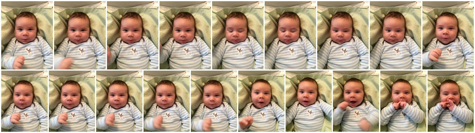 Two dozen photos of a baby taken in quick succession.