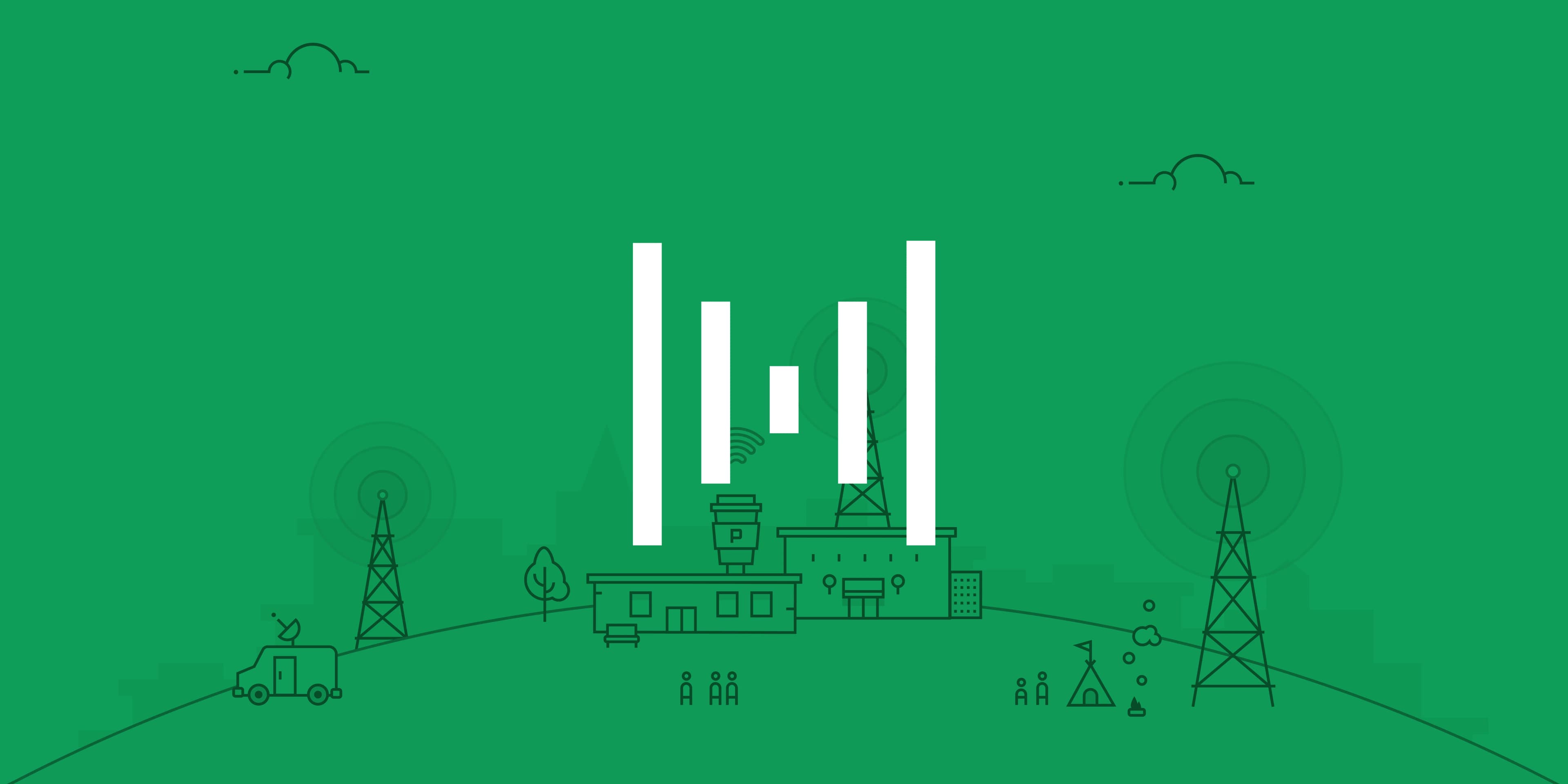 Green landscape with radio towers, a building, satellite van, campers, and the Method podcast logo.