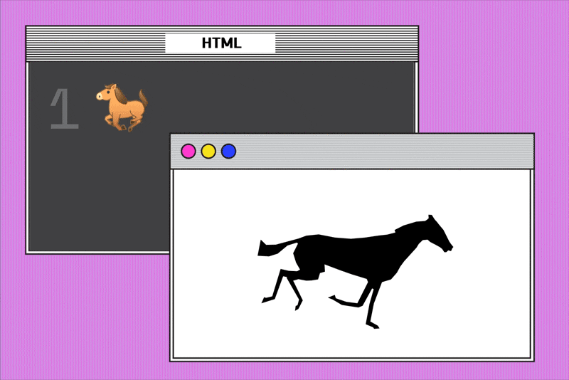 HTML code converts a small, static horse image to a large, black silhouette animation of a running horse.
