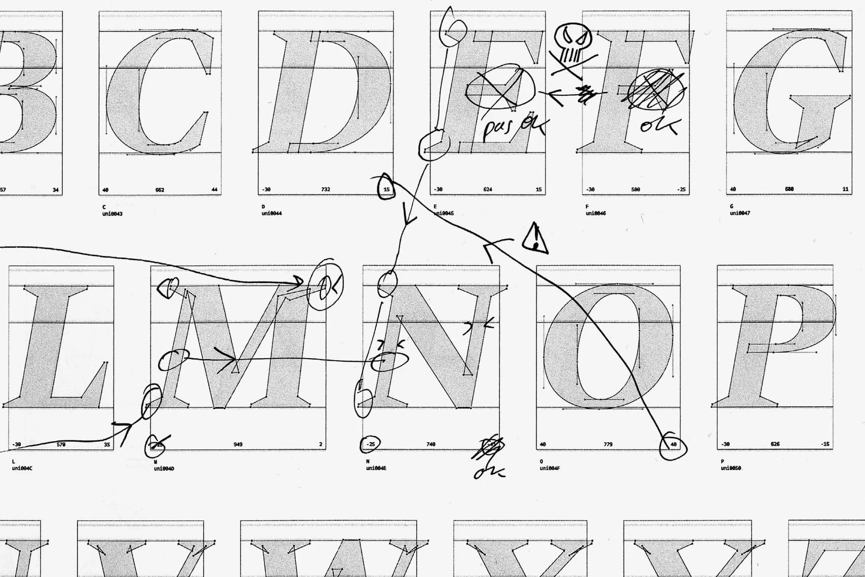 Font design proof sheet featuring uppercase letters B-P. Hand-drawn markings indicate adjustments to kerning and letterforms.