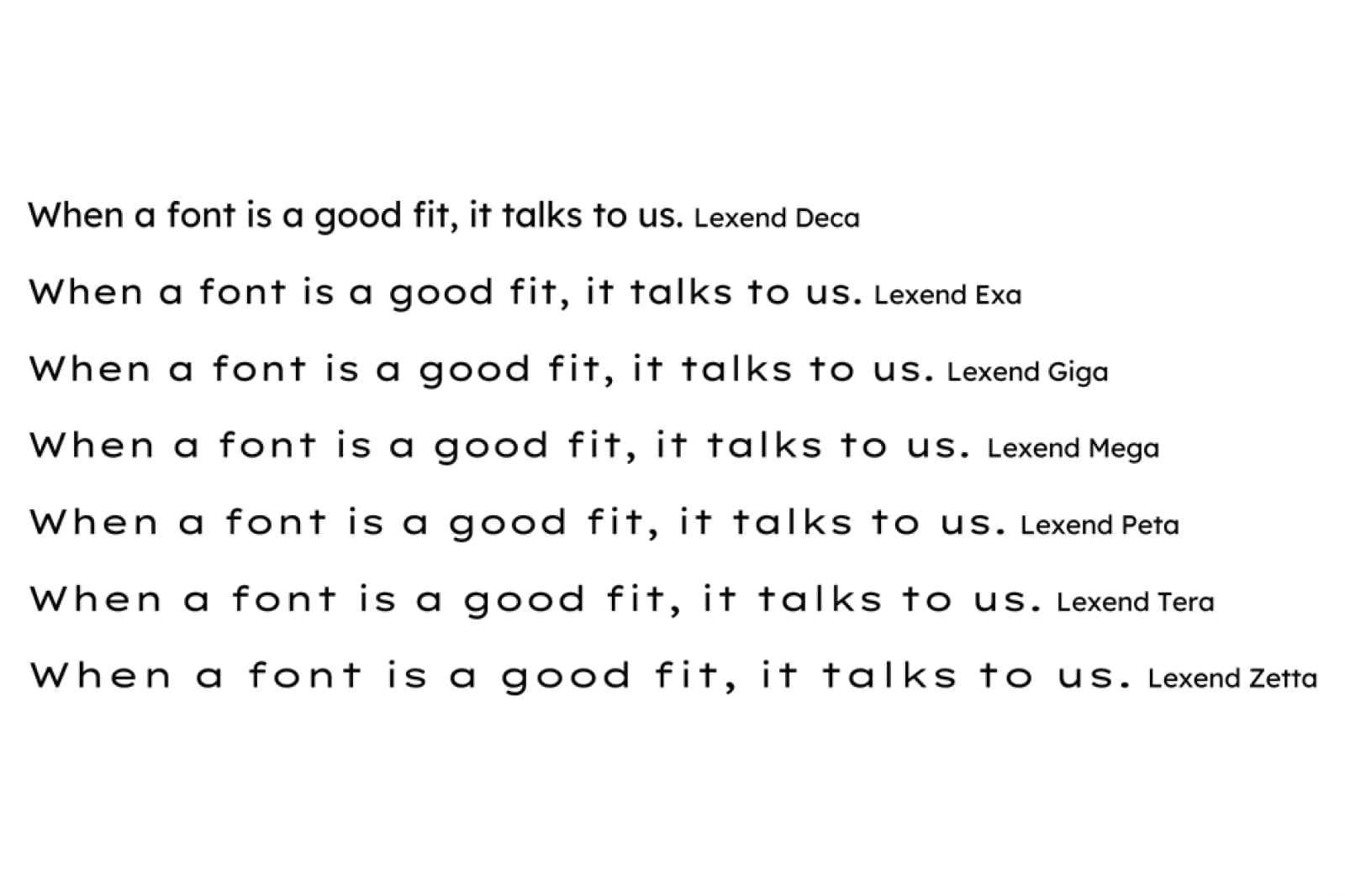 "When a font is a good fit, it talks to us." This quote is shown in seven font weights from the Lexend font family, ranging from Deca to Zetta.