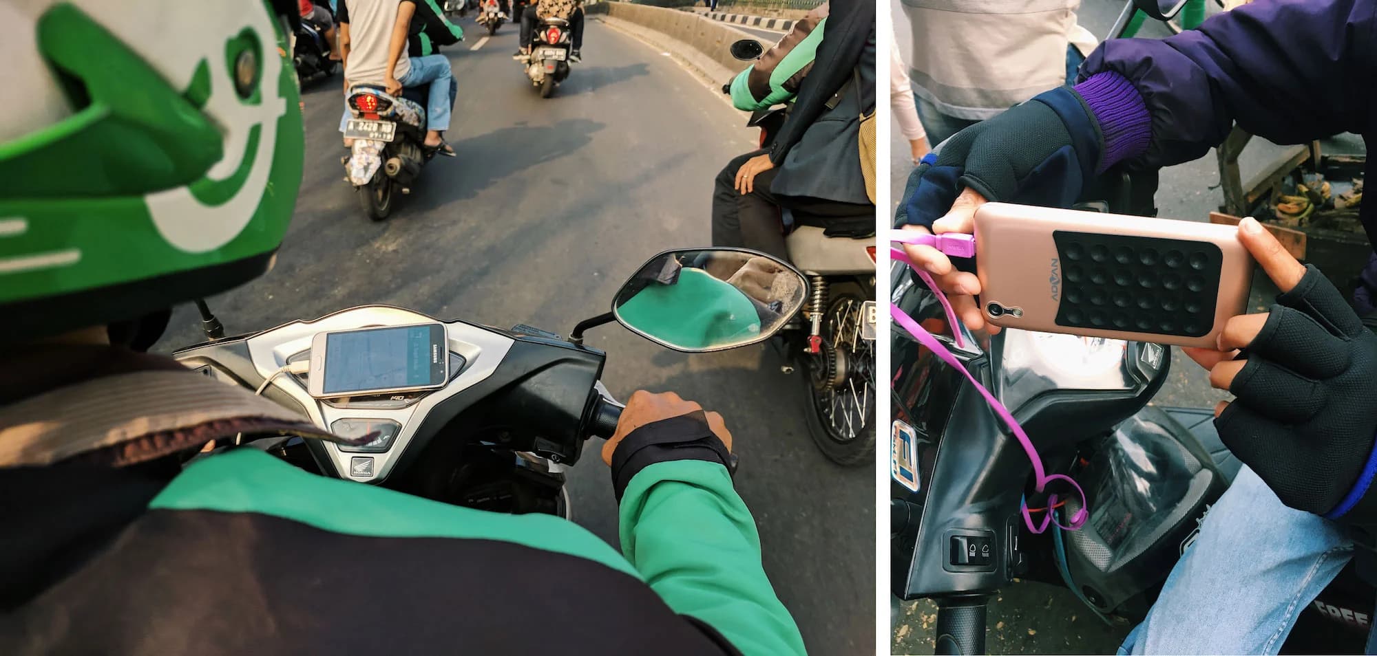 A scooter driver navigates traffic. Another driver uses a phone attached to a portable charger. Both wear gloves and jackets.