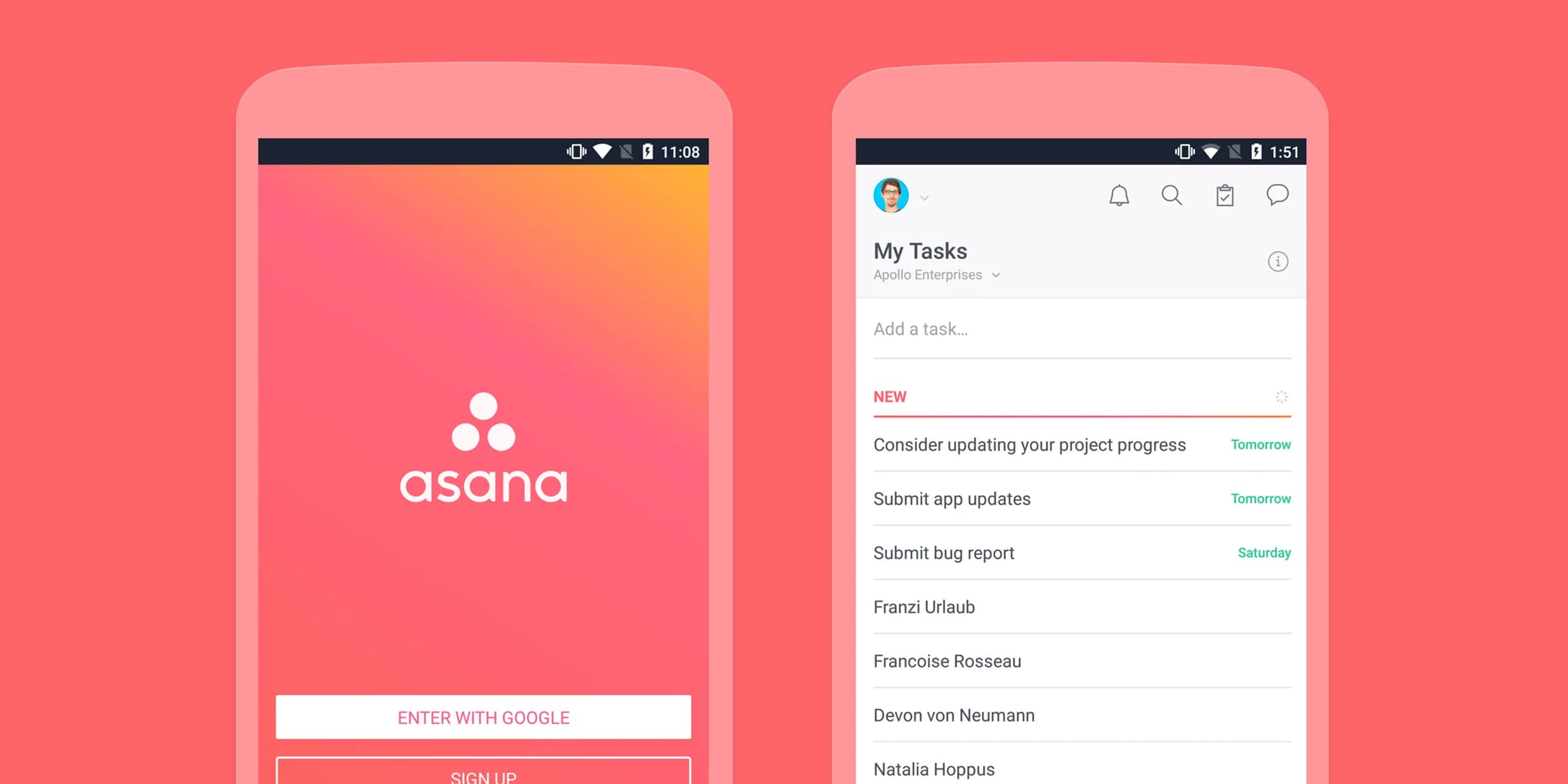 Asana mobile app welcome screen and task list view. Options to sign up or enter with Google are shown.