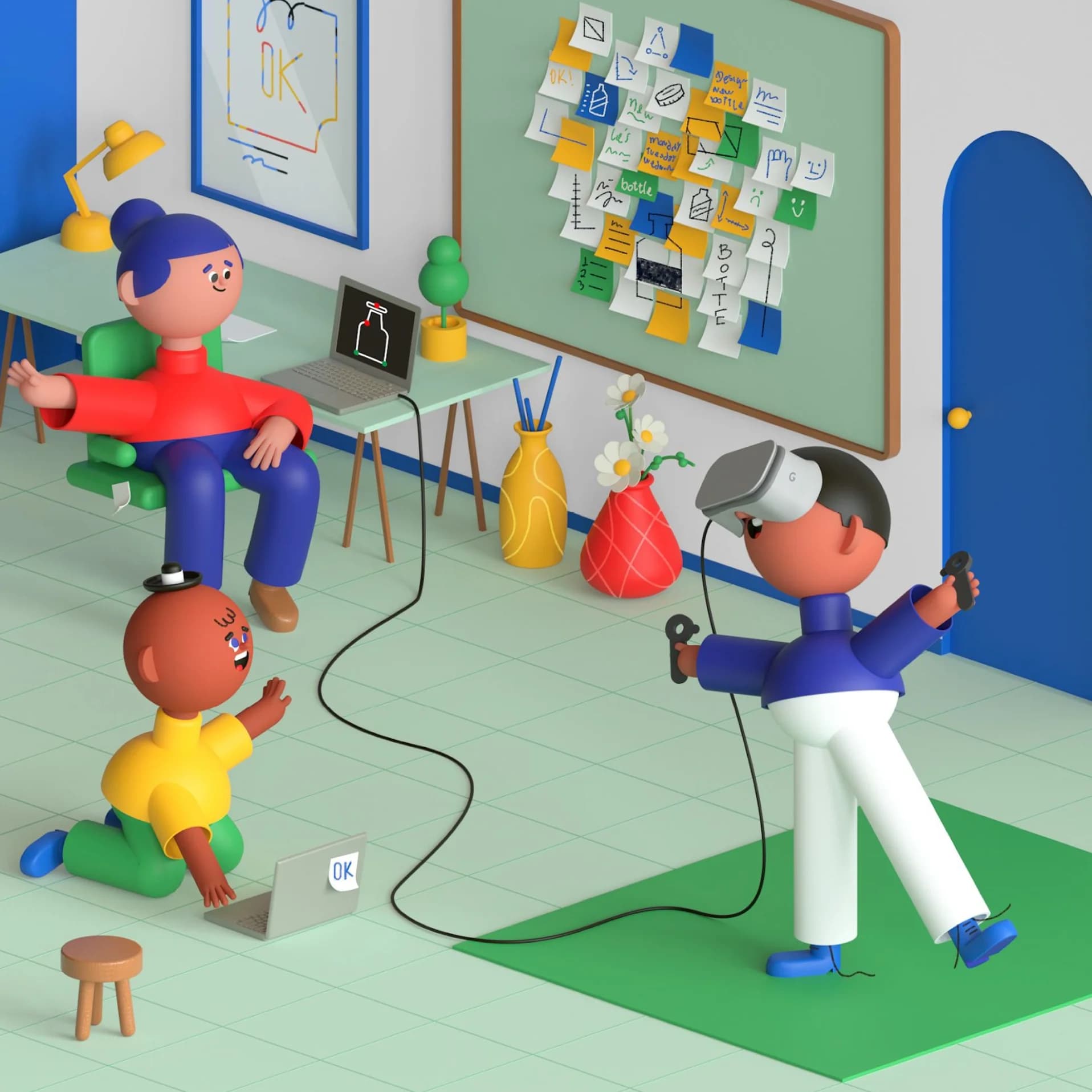 Playful 3D figures use laptops and VR headsets in a colorful room.