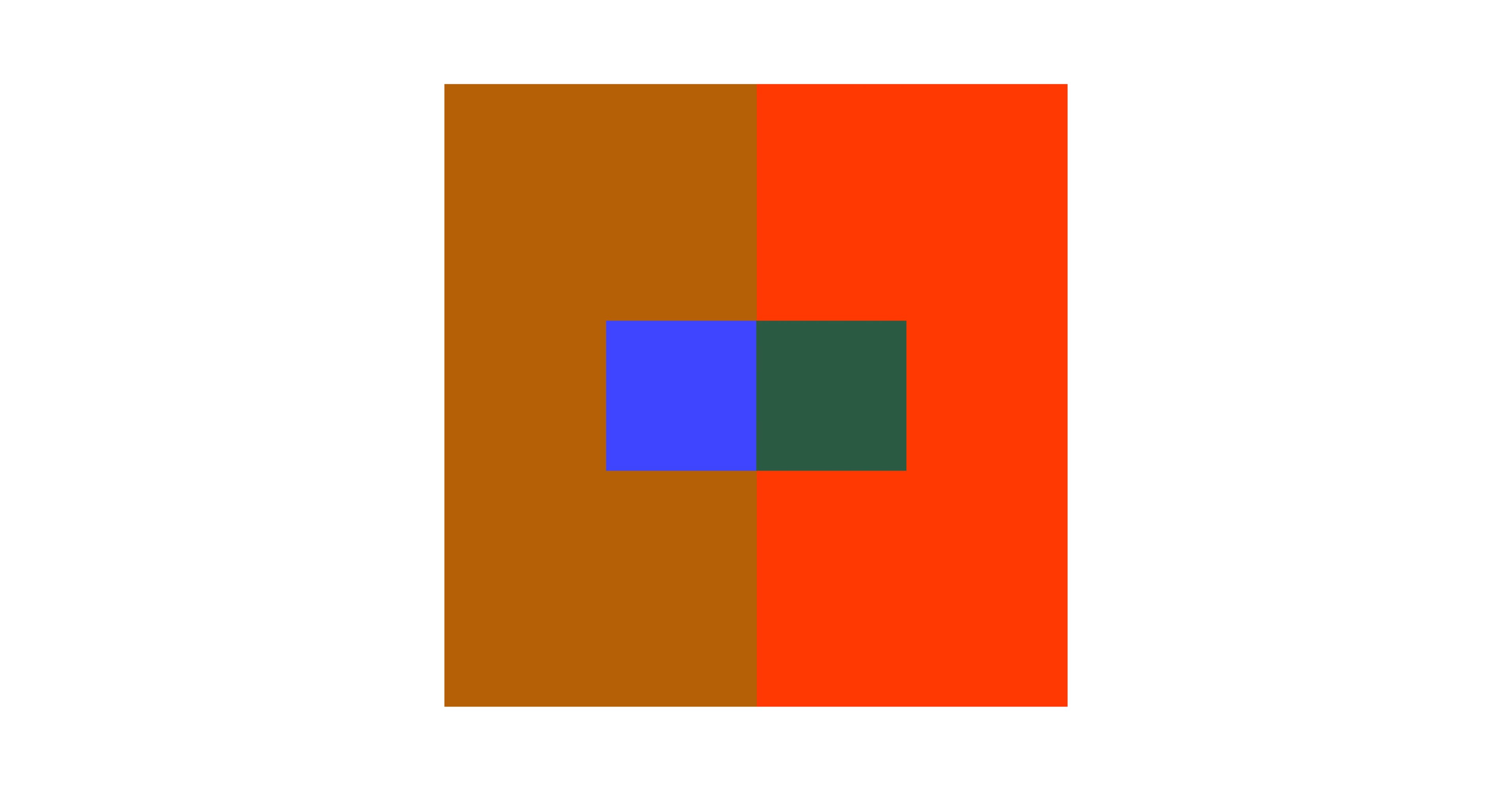 blue square on a brown rectangle and a green square on a red rectangle demonstrate how cool and warm hues interact.