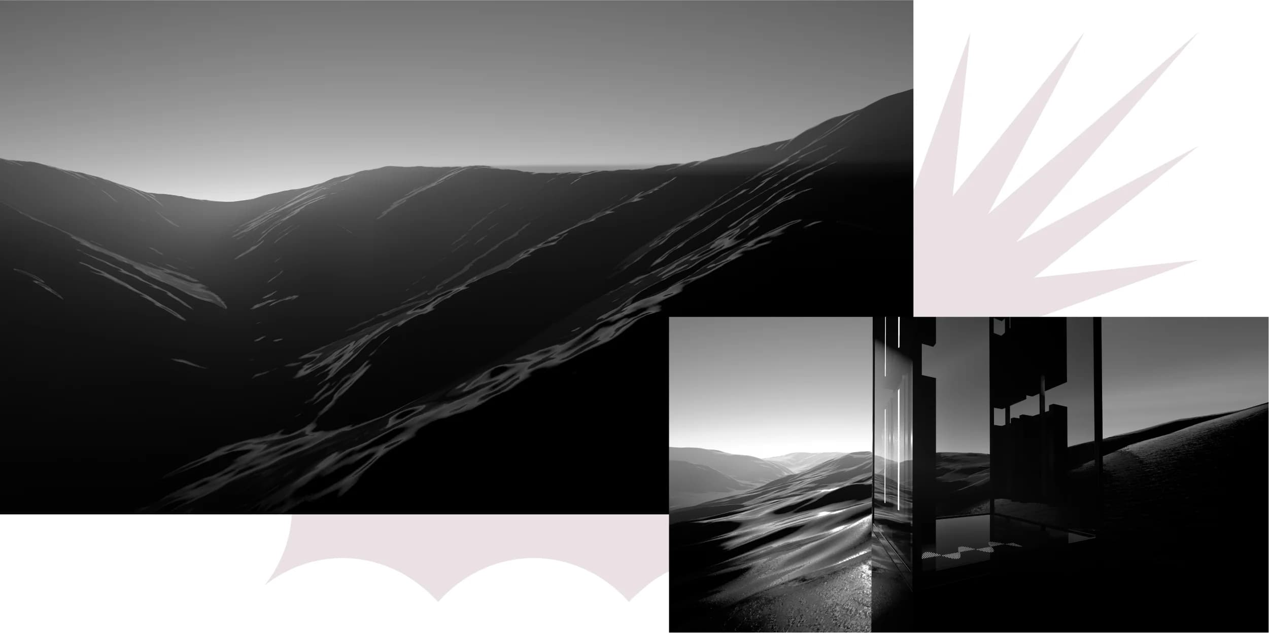 Abstract, dark, rolling hills. Minimalist geometric structure reflecting light in a desert landscape.