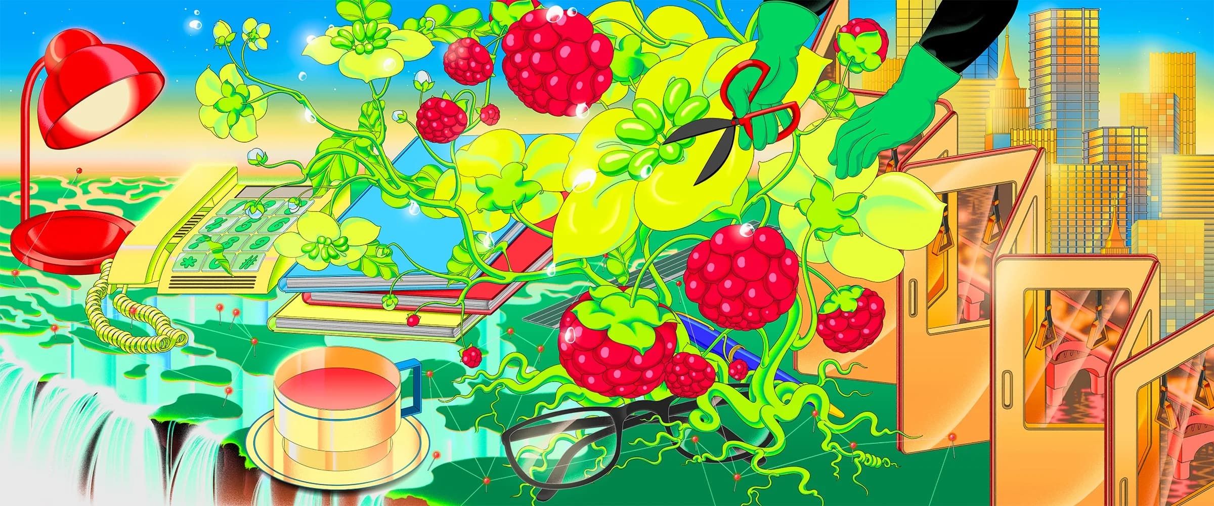 Surreal illustration of WFH life. Vines with raspberries twine around books, a desk phone, and glasses.