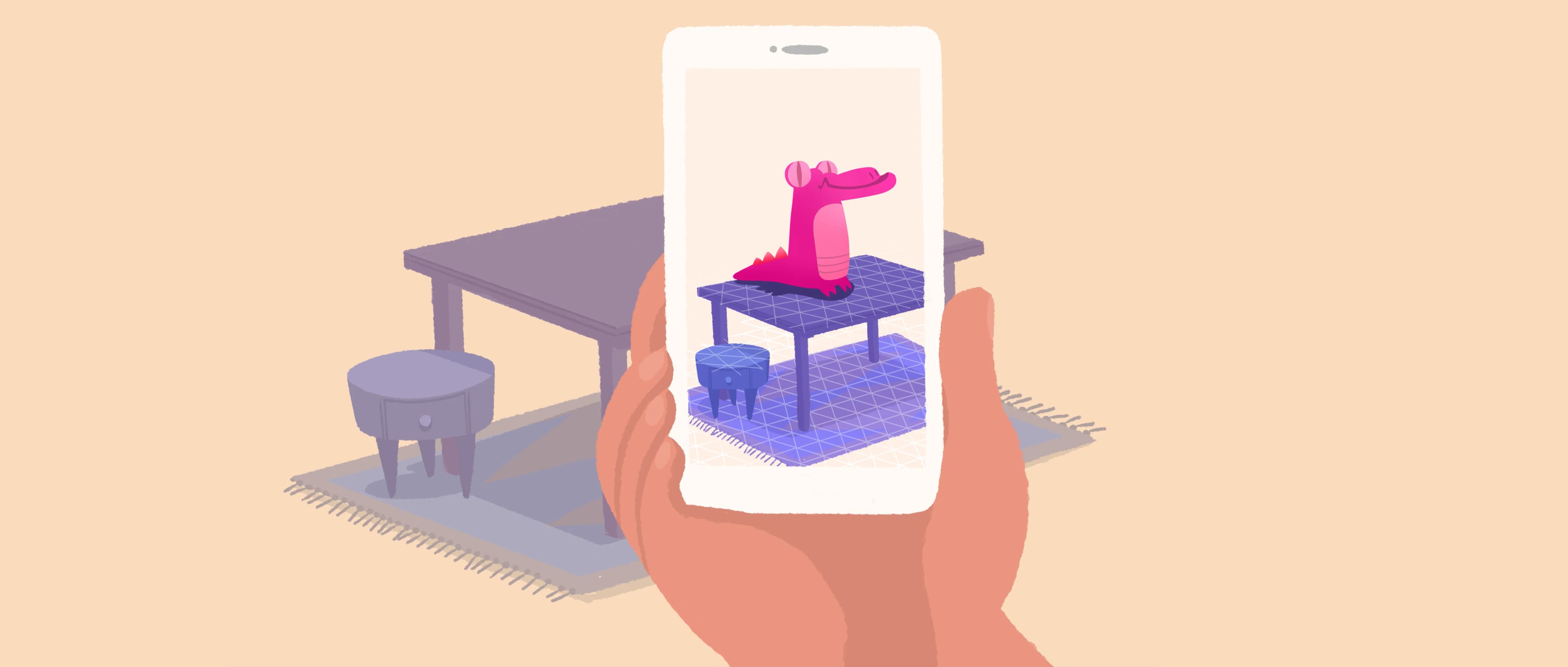Hand holds phone displaying AR view of pink dinosaur figurine on a small table. A real table and side table sit on a rug in the background.