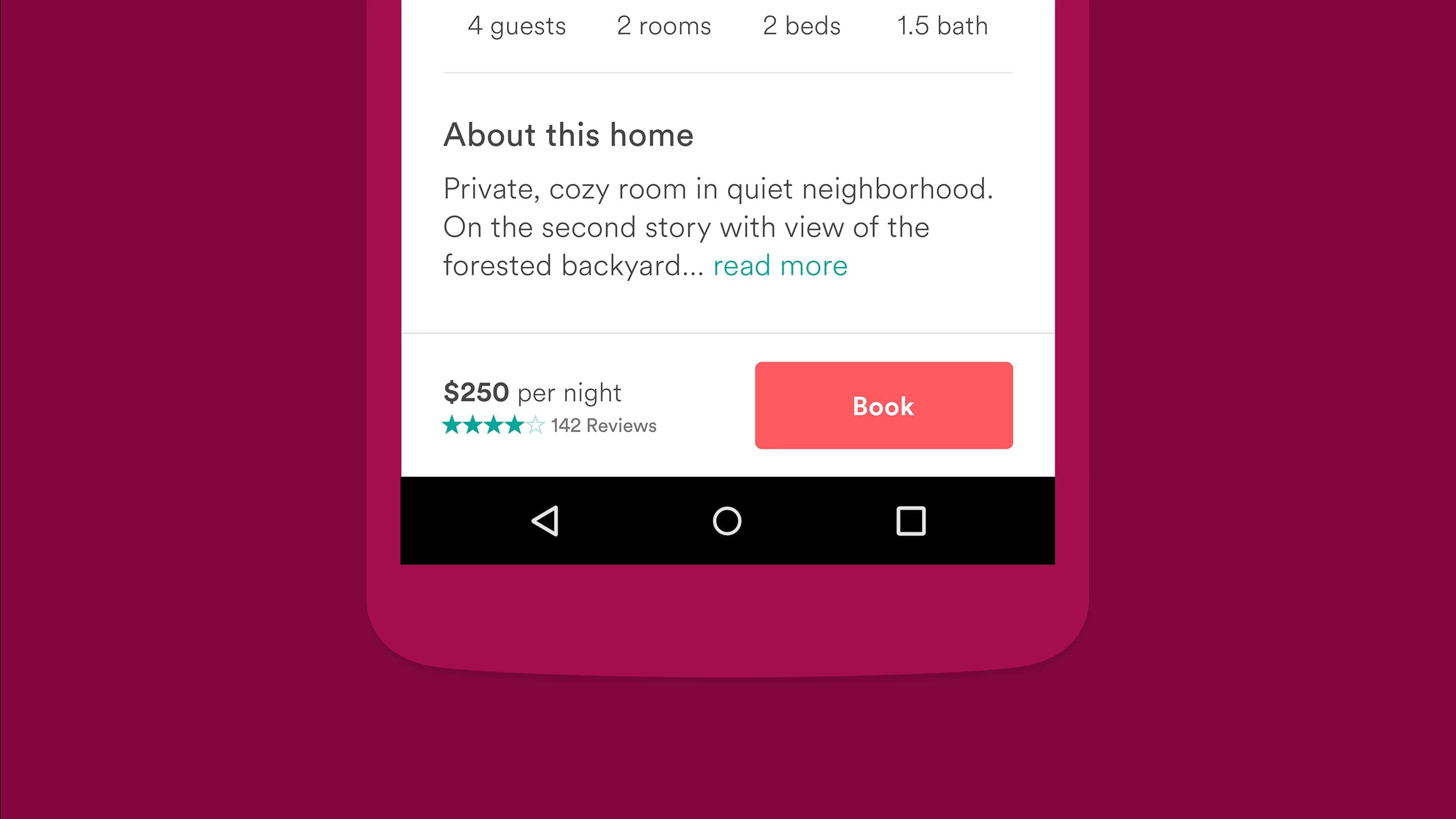 Airbnb app featuring a cozy room for $250/night. Sleeps 4 guests, 2 beds, 1.5 baths, quiet neighborhood, forested view.