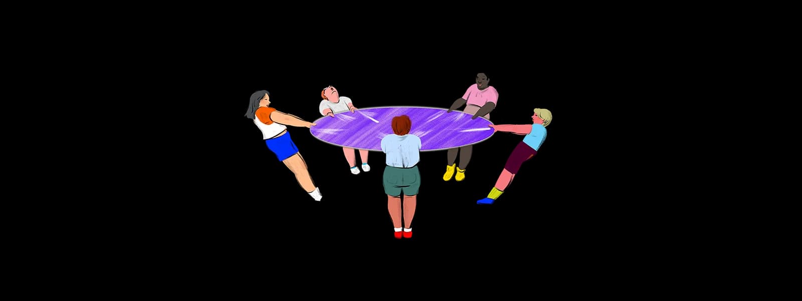 Five cartoon figures pull on a large purple circle.