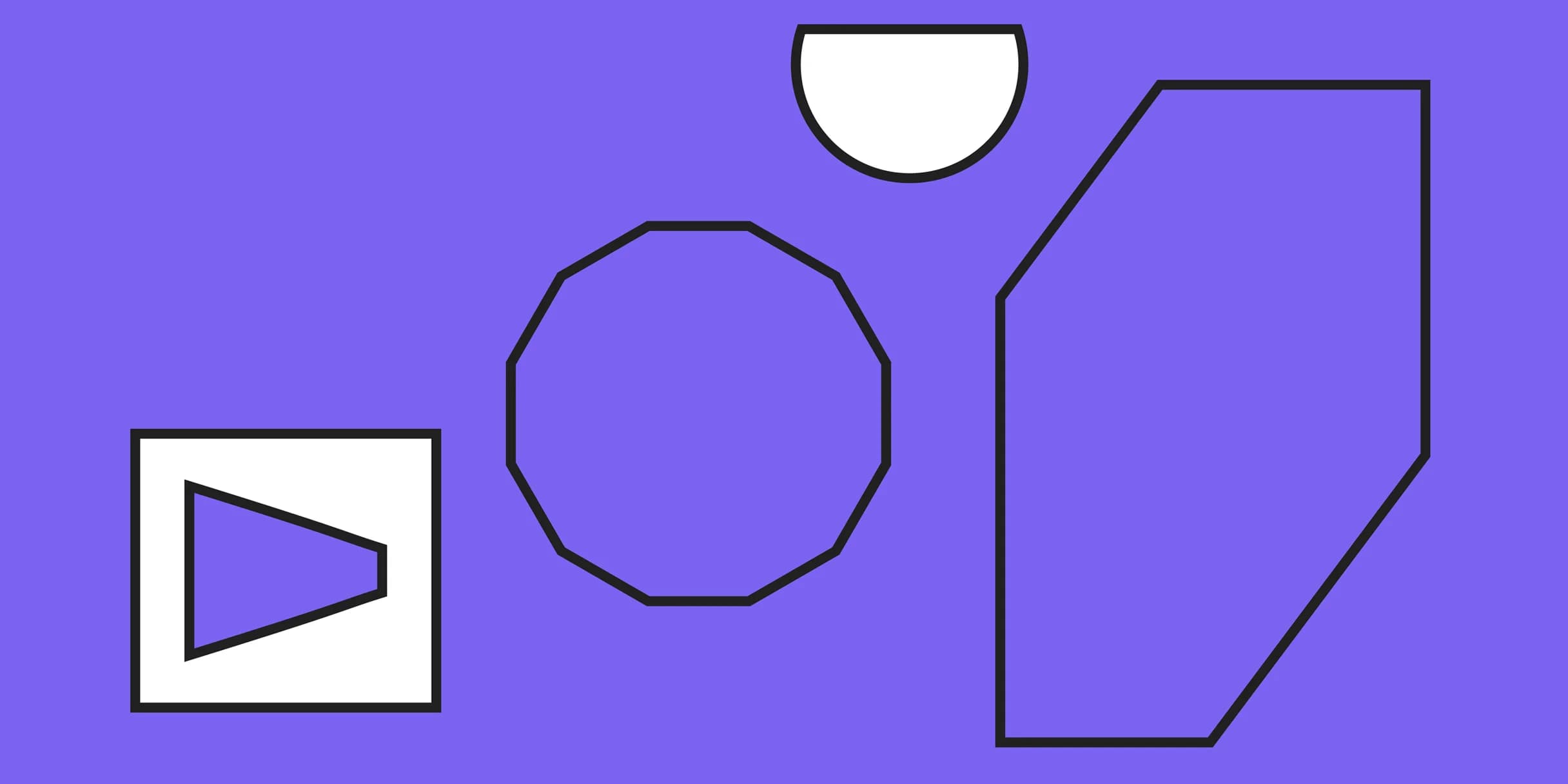 Four white and black outlined shapes on a purple background. A square with a triangle, a decagon, semicircle, and an irregular hexagon.