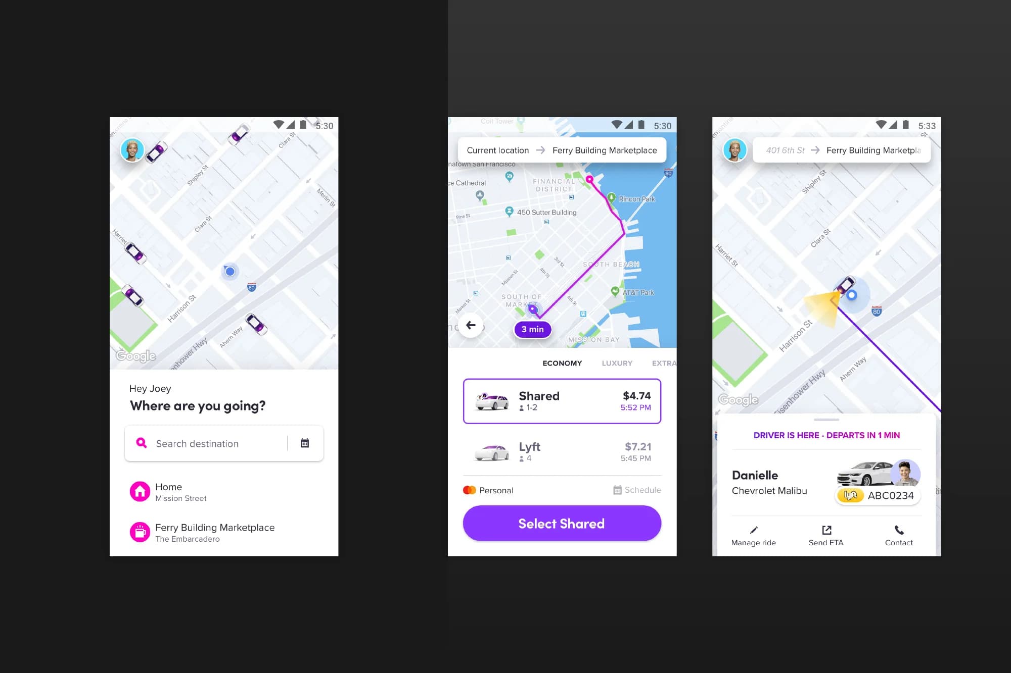 A phone displays ride-sharing options. The first screen shows location; the second, ride details; and the third, driver info.