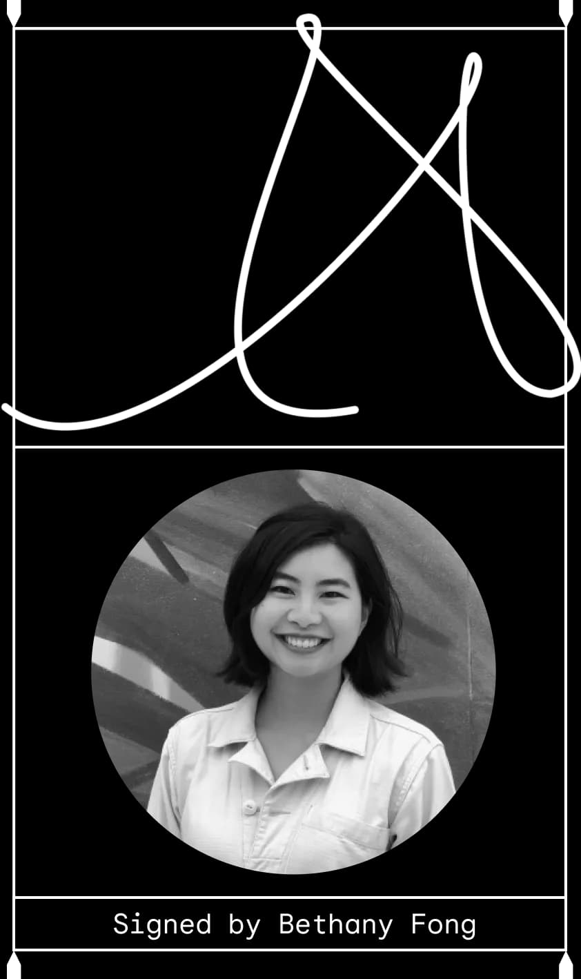 Unreadabile cursive "M" above a smiling woman with dark bobbed hair. Signed by Bethany Fong.