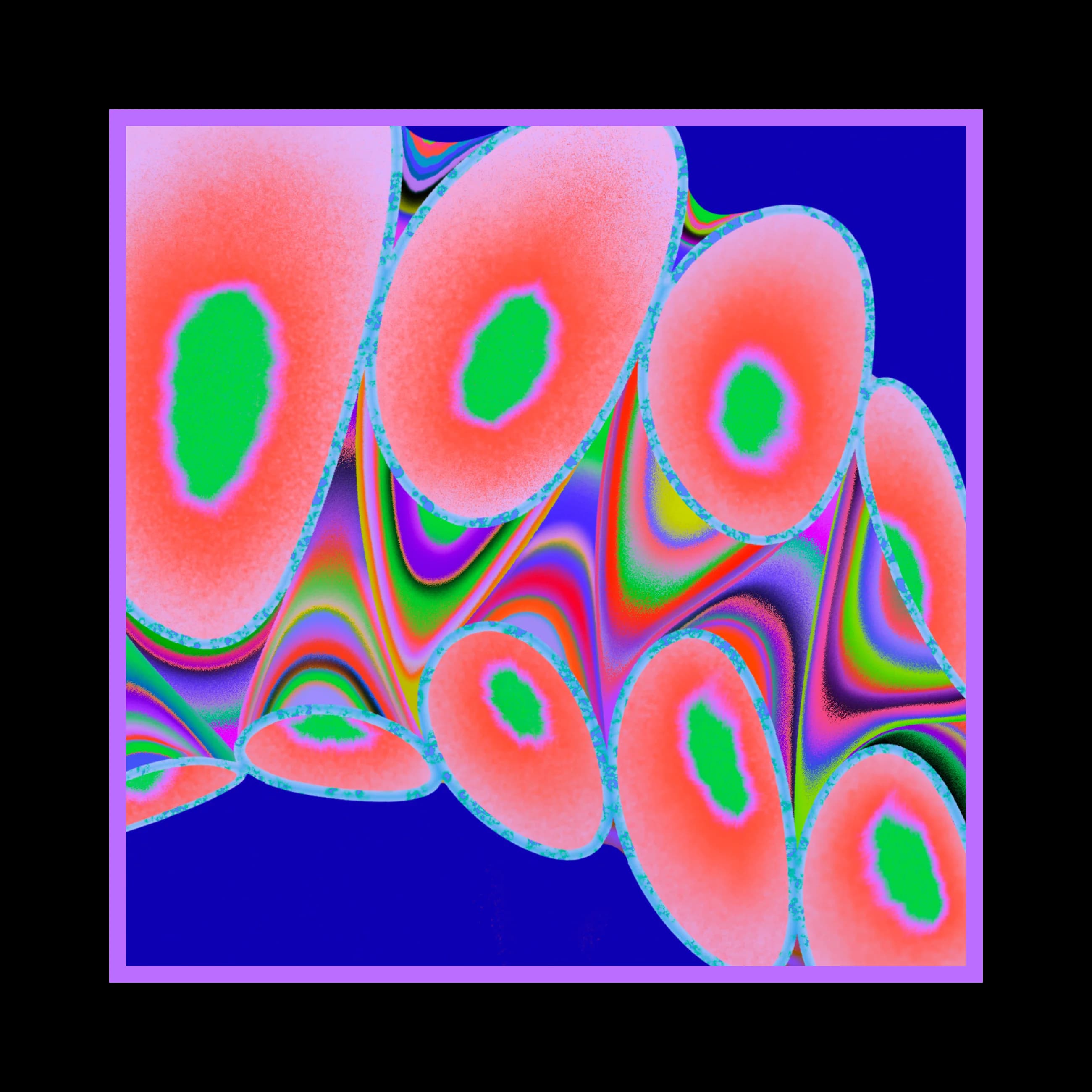 Coral and lime green ovals edged in aqua float on a vibrant, wavy, rainbow background bordered in lavender.