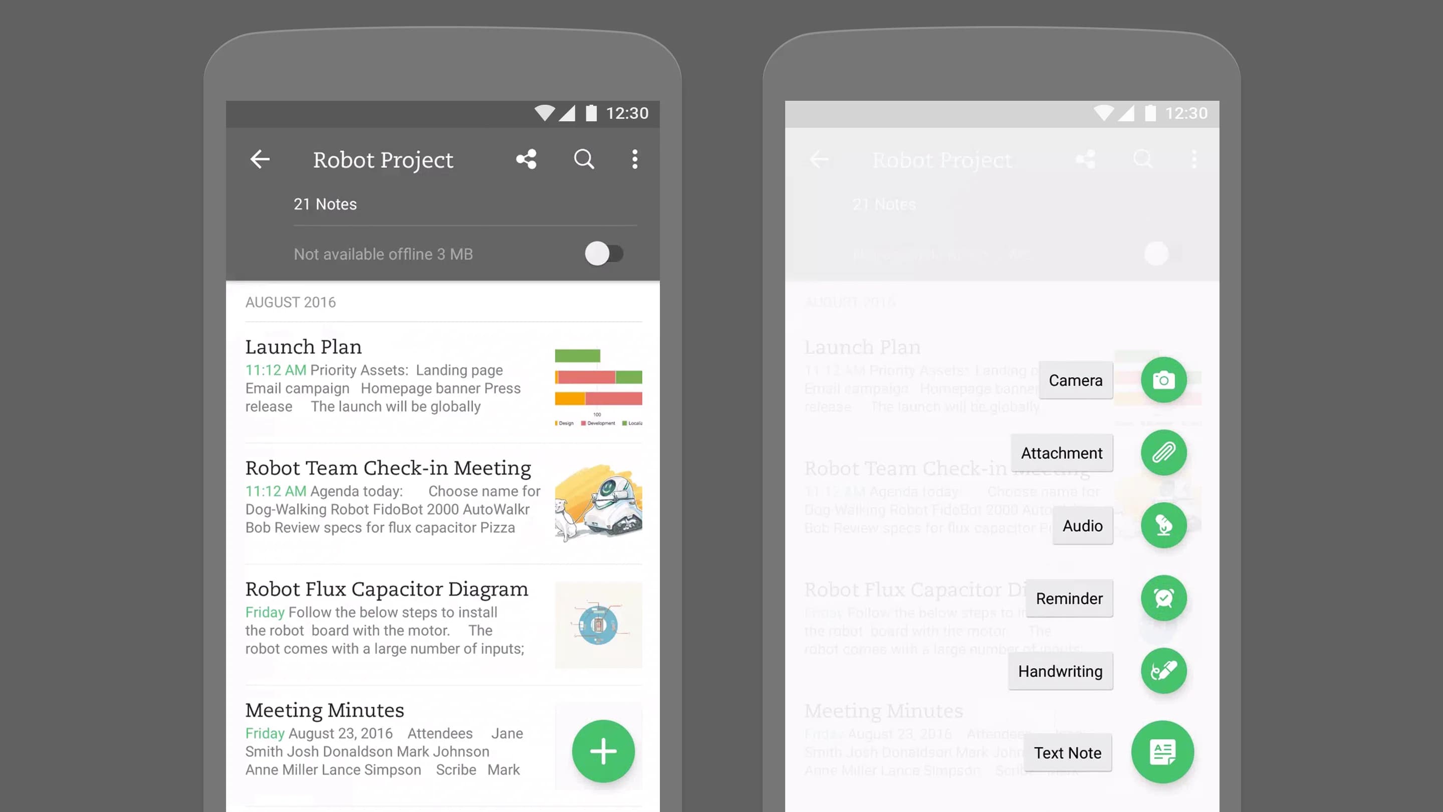 Two screens of Evernote app display project notes. One shows the main project view, and the other displays note-taking options like camera, audio, and text.