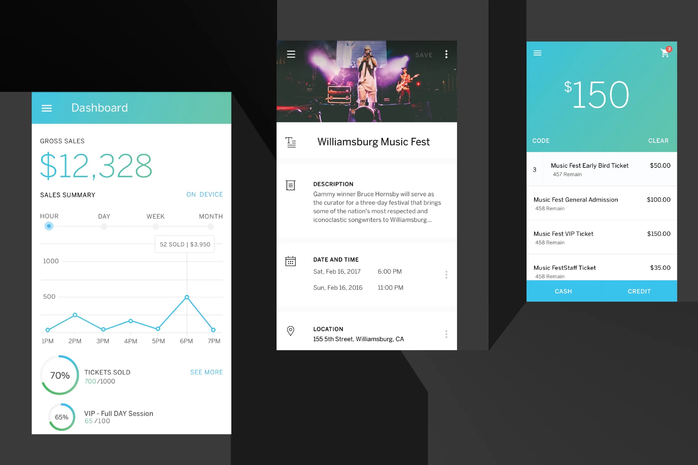 Music festival ticket app displays event info, sales dashboard, and ticket purchasing options.