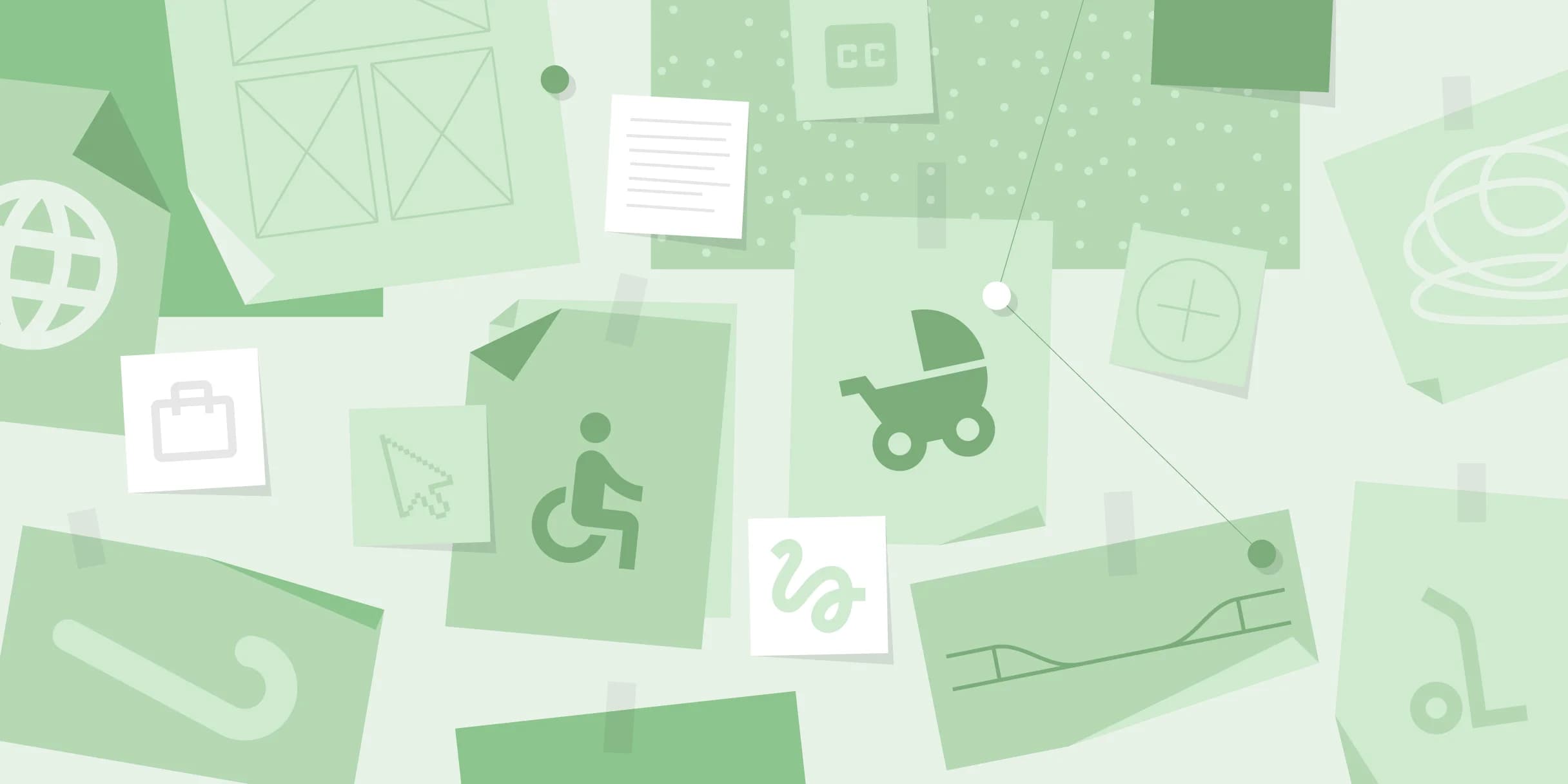 Green sticky notes, taped to a wall, show website design icons, including accessibility, closed captions, and wireframes.