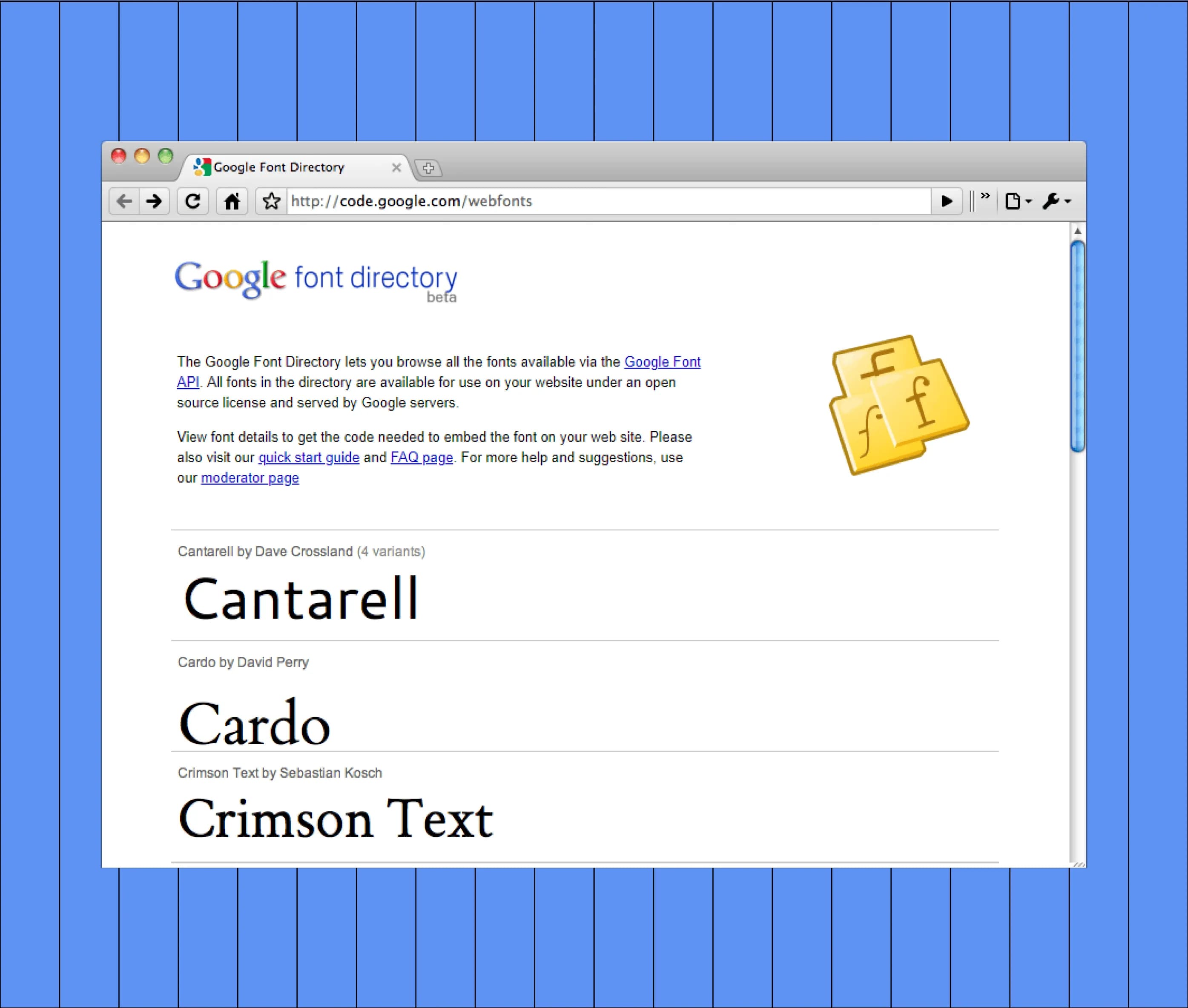 Google Font Directory website screenshot. Shows example fonts Cantarell, Cardo, and Crimson Text.