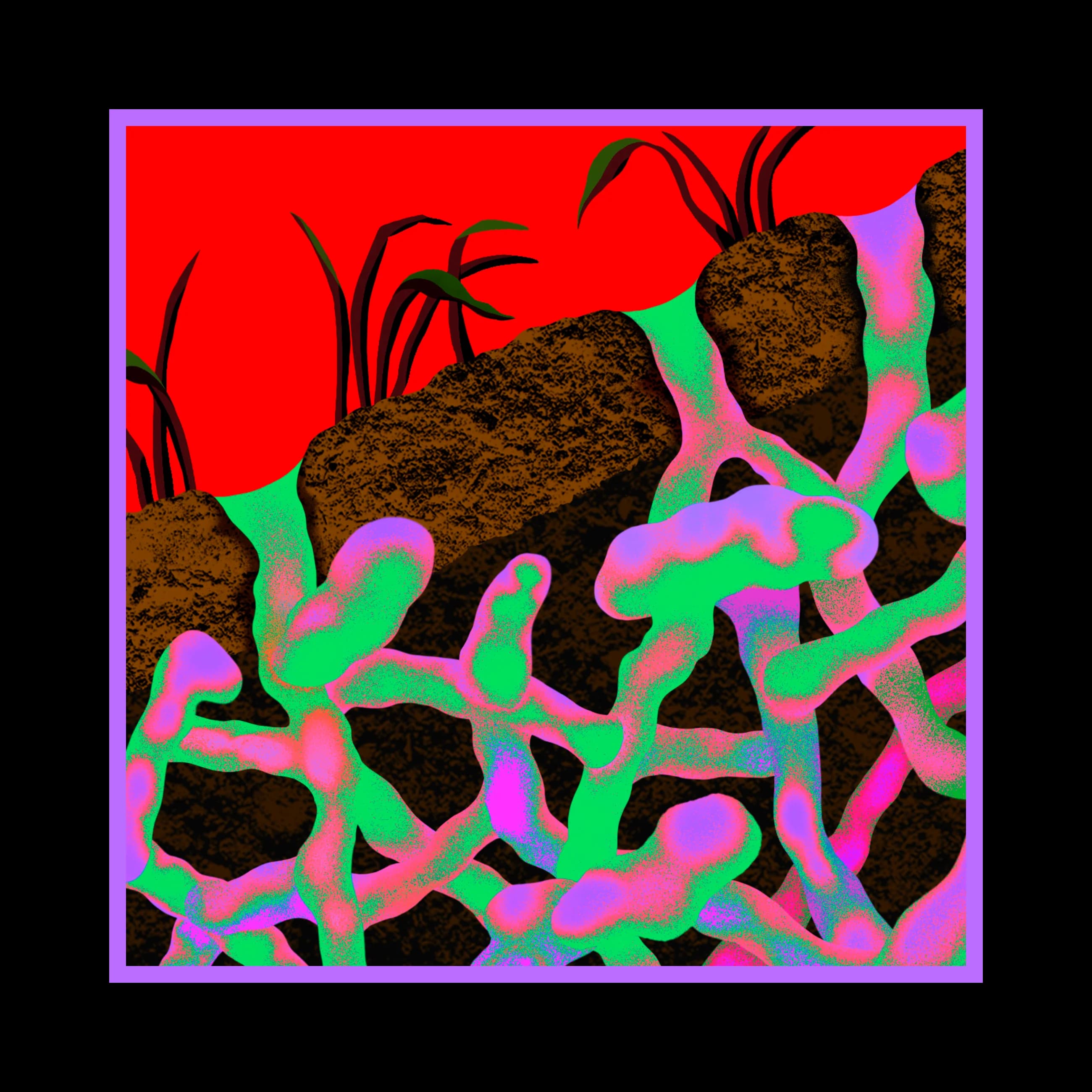 Bright green and pink abstract shapes emerge from dark textured clumps of earth below red and purple sky with sparse grass.