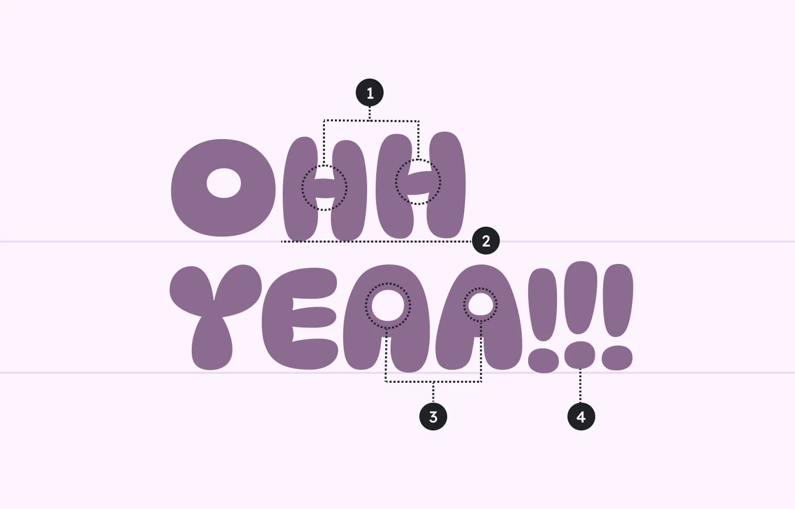 Purple bubble letters spell "OH YEAH!!" Ascenders align, as do descenders and mid-sections.