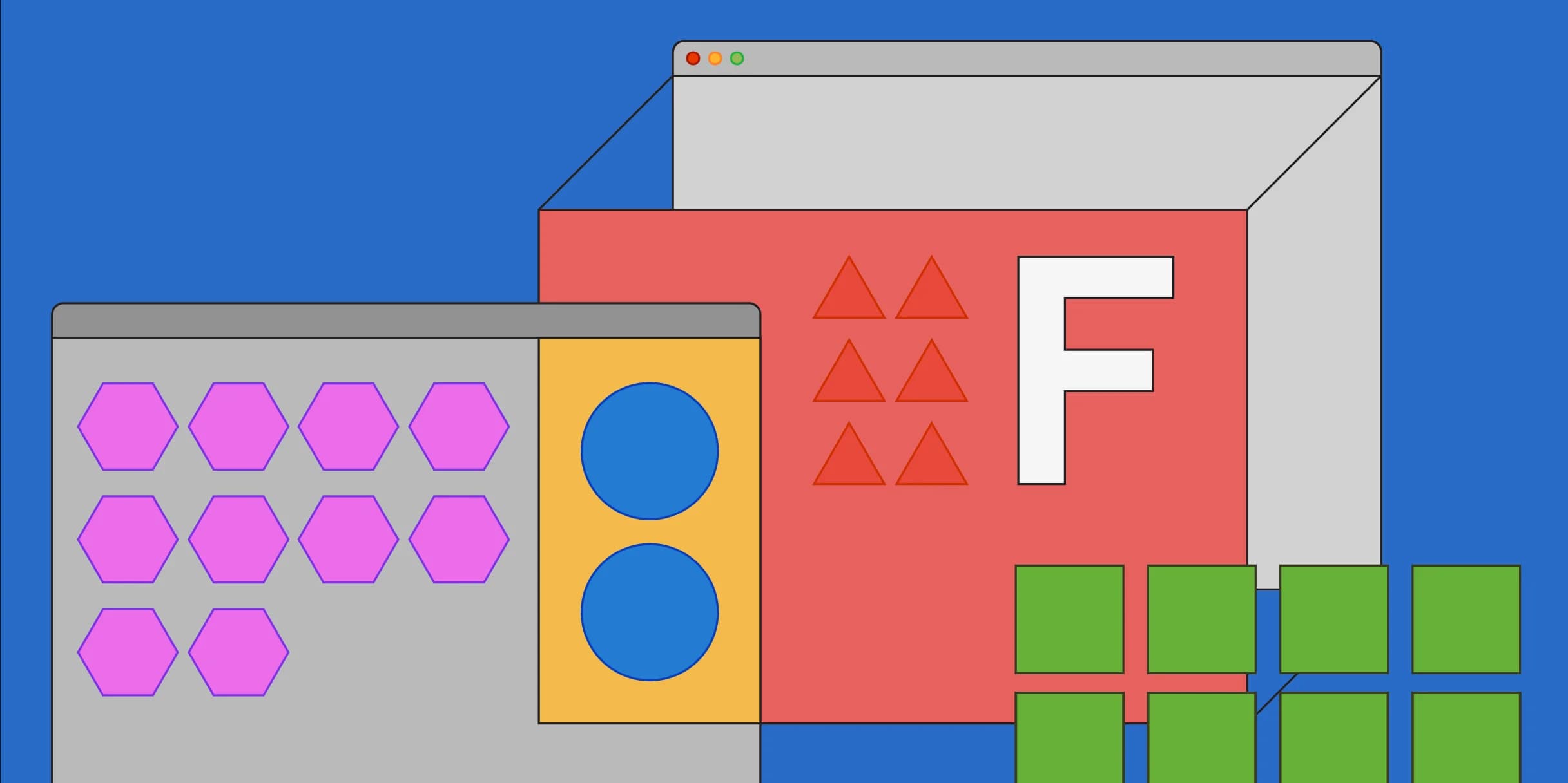 Geometric shapes form a stylized letter "F."
