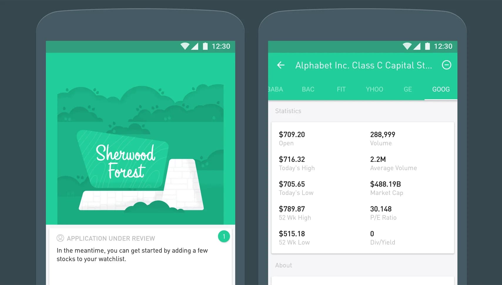 Two screenshots of Robinhood app. One screen shows the application's pending status, the other shows Alphabet Inc. stock information.