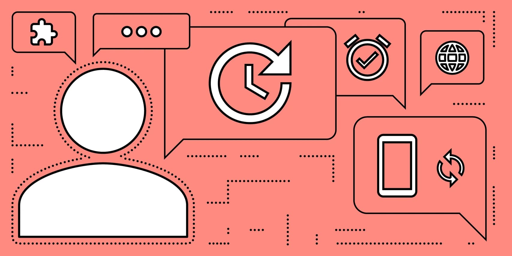 Person icon centered on a coral background with speech bubbles containing a puzzle piece, ellipsis, a clock with a checkmark, a globe, a history icon, a smartphone, and a refresh icon.