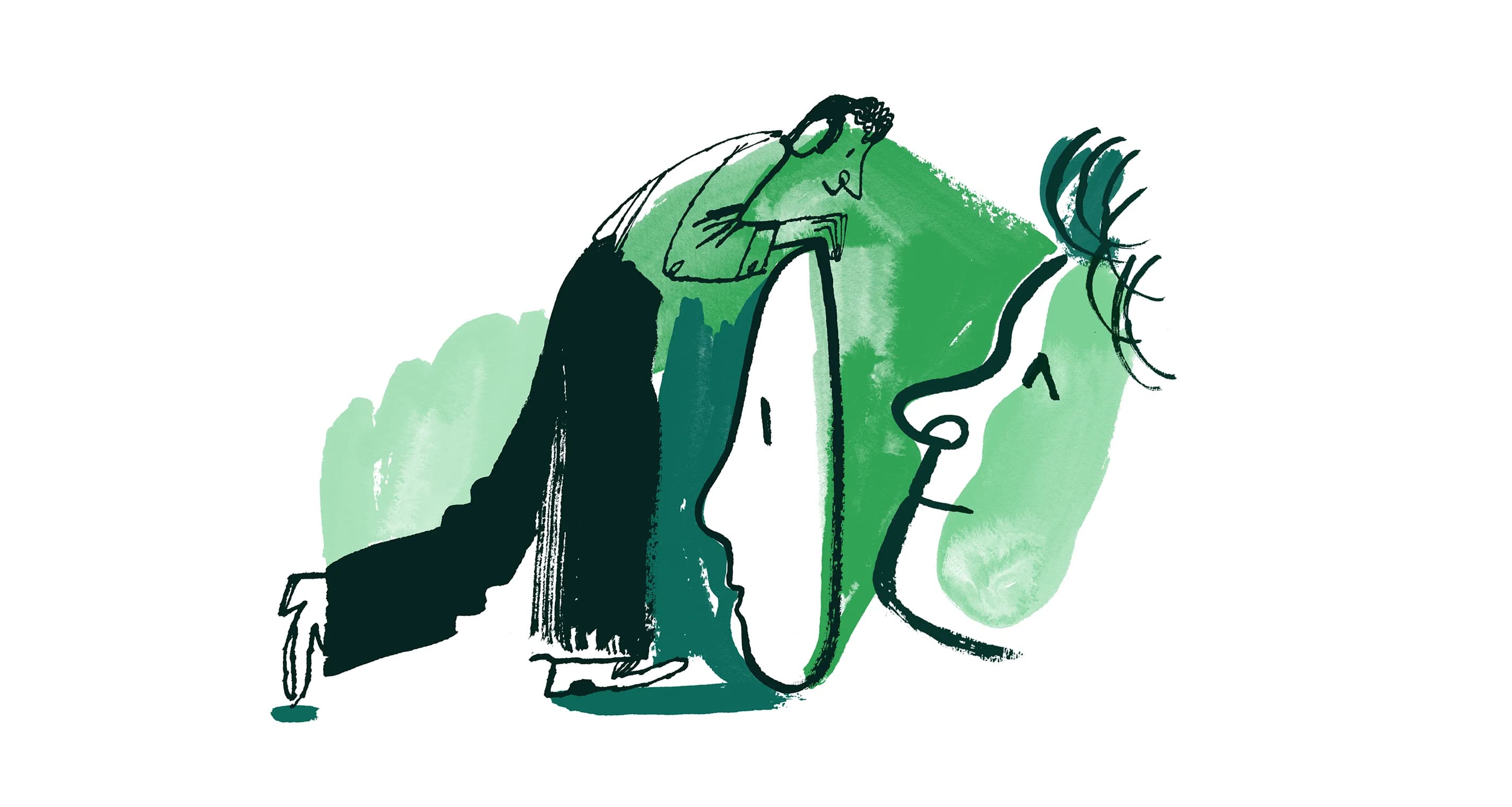 Sketched figure bends to look closely at a large, sketched face.
