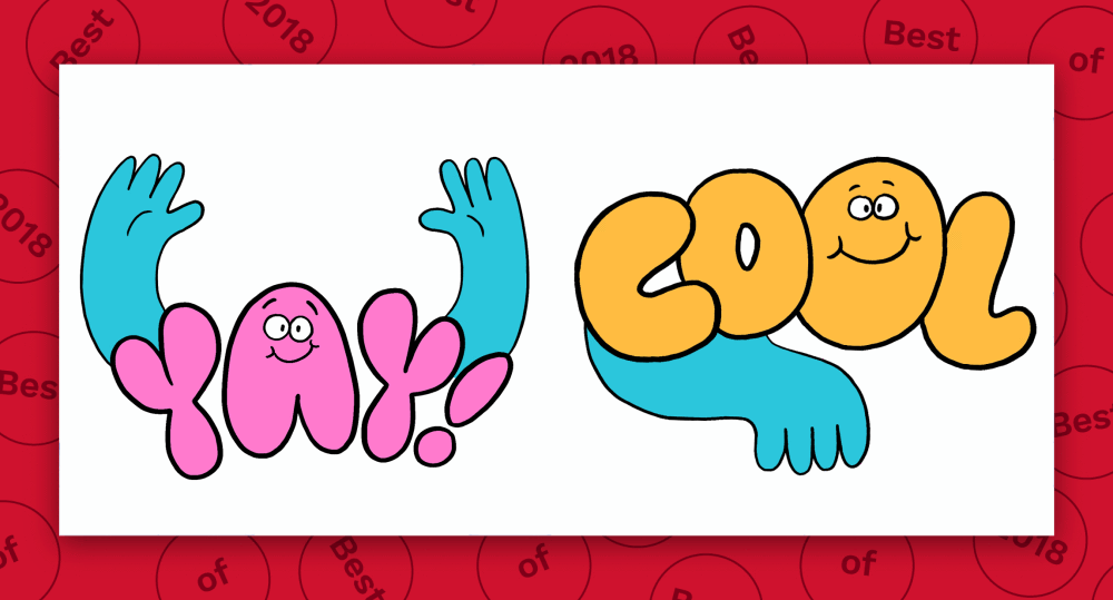 Whimsical "YAY!" and "COOL" sticker characters with waving arms and smiling faces.