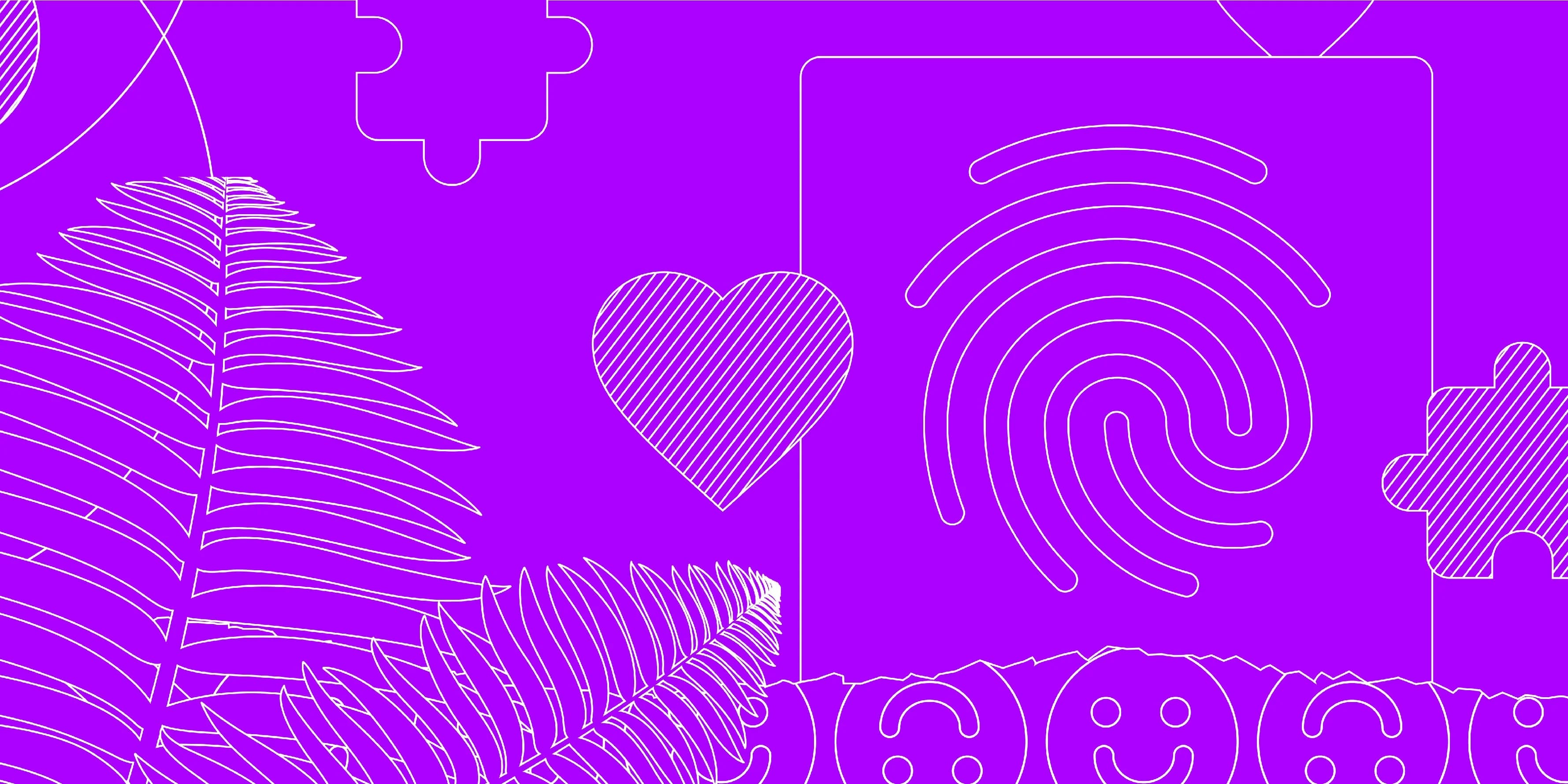 Purple background with white outlines of puzzle pieces, ferns, a heart, fingerprint, and smiley faces.
