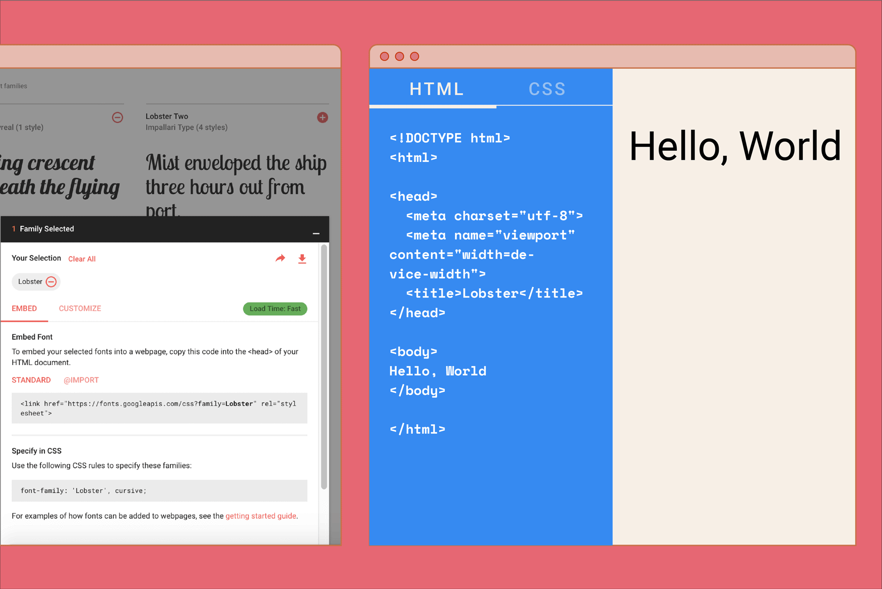 Screenshot of Google Fonts selecting the Lobster font. The HTML and CSS code needed to embed the font are shown to the right.