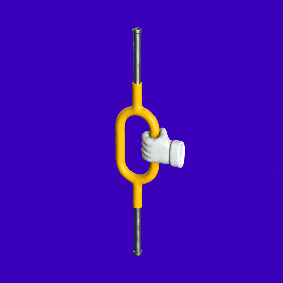 Cartoon hand in a white glove grips a yellow subway handhold against a vibrant blue background.