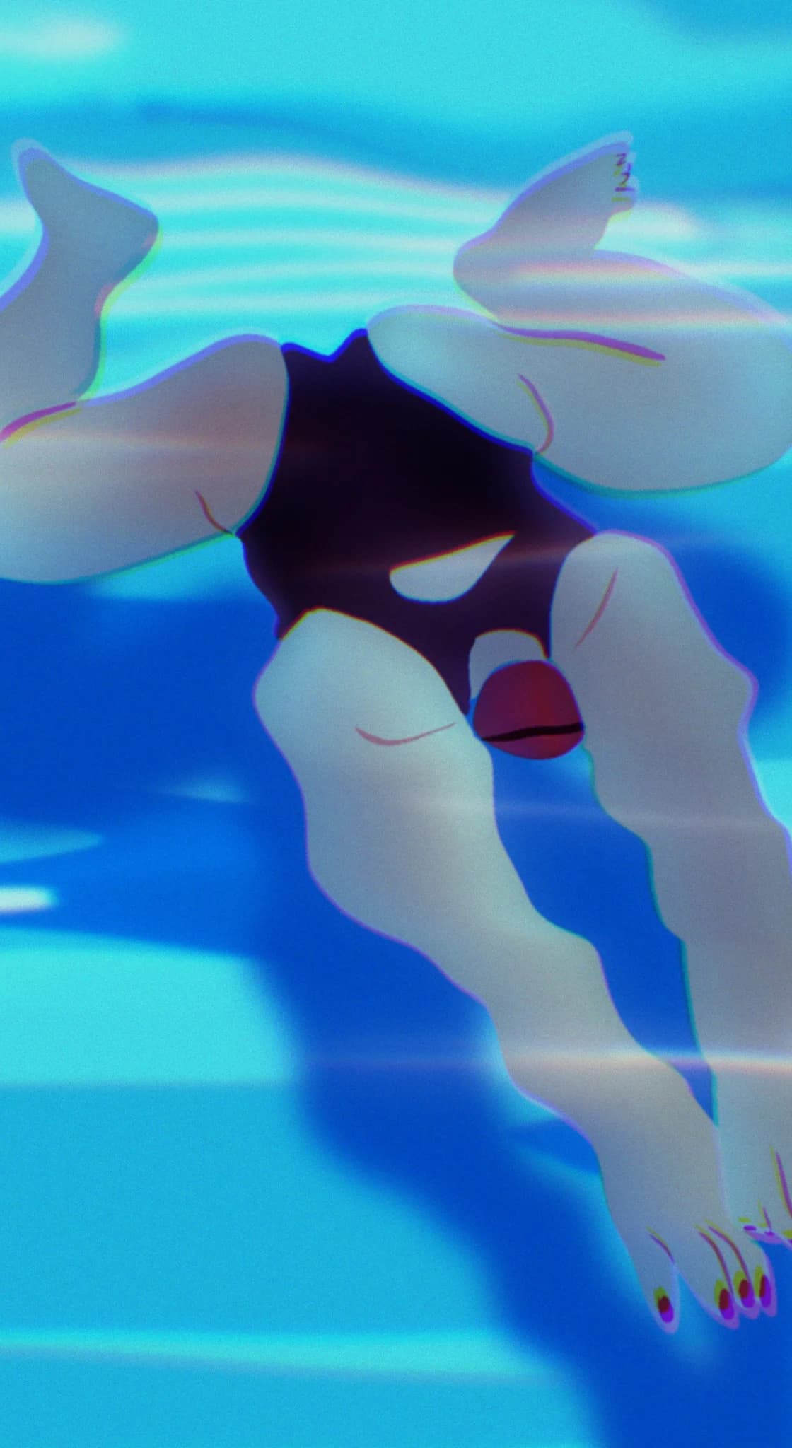 A swimmer wearing a dark one-piece swimsuit glides through bright blue water, legs extended and toes painted purple and yellow.