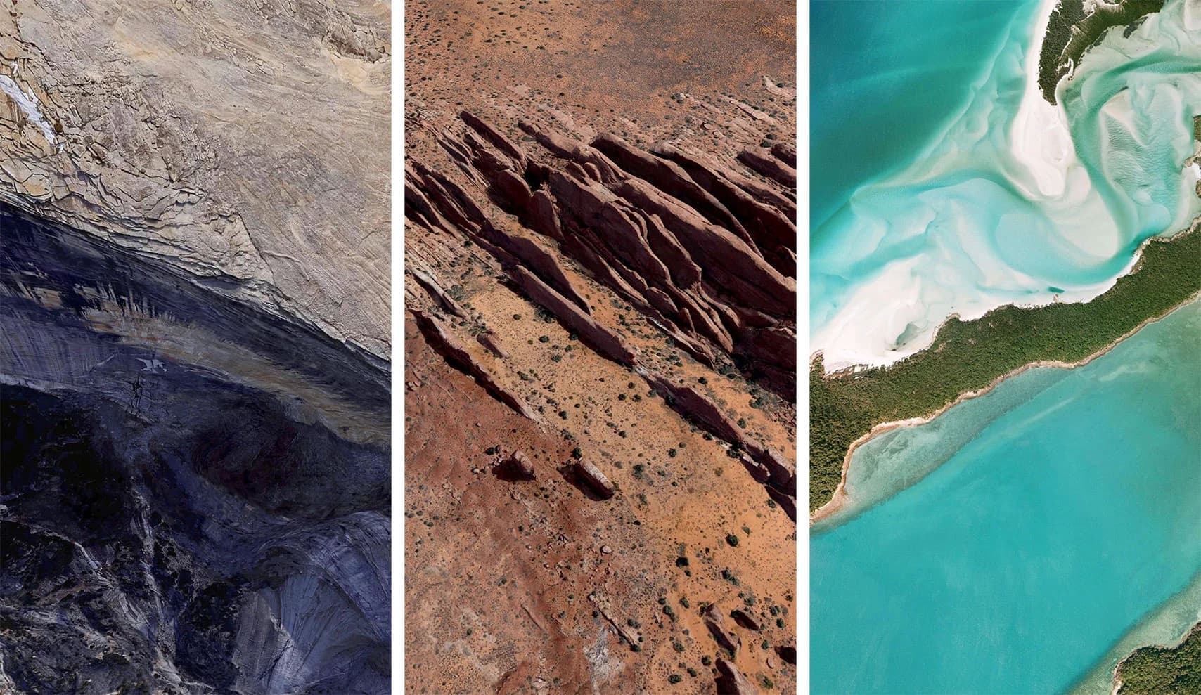 Three aerial views show diverse landscapes. Left: dark, striated rock layers. Center: reddish-brown ridges. Right: turquoise water and green-fringed, white-sand beaches.