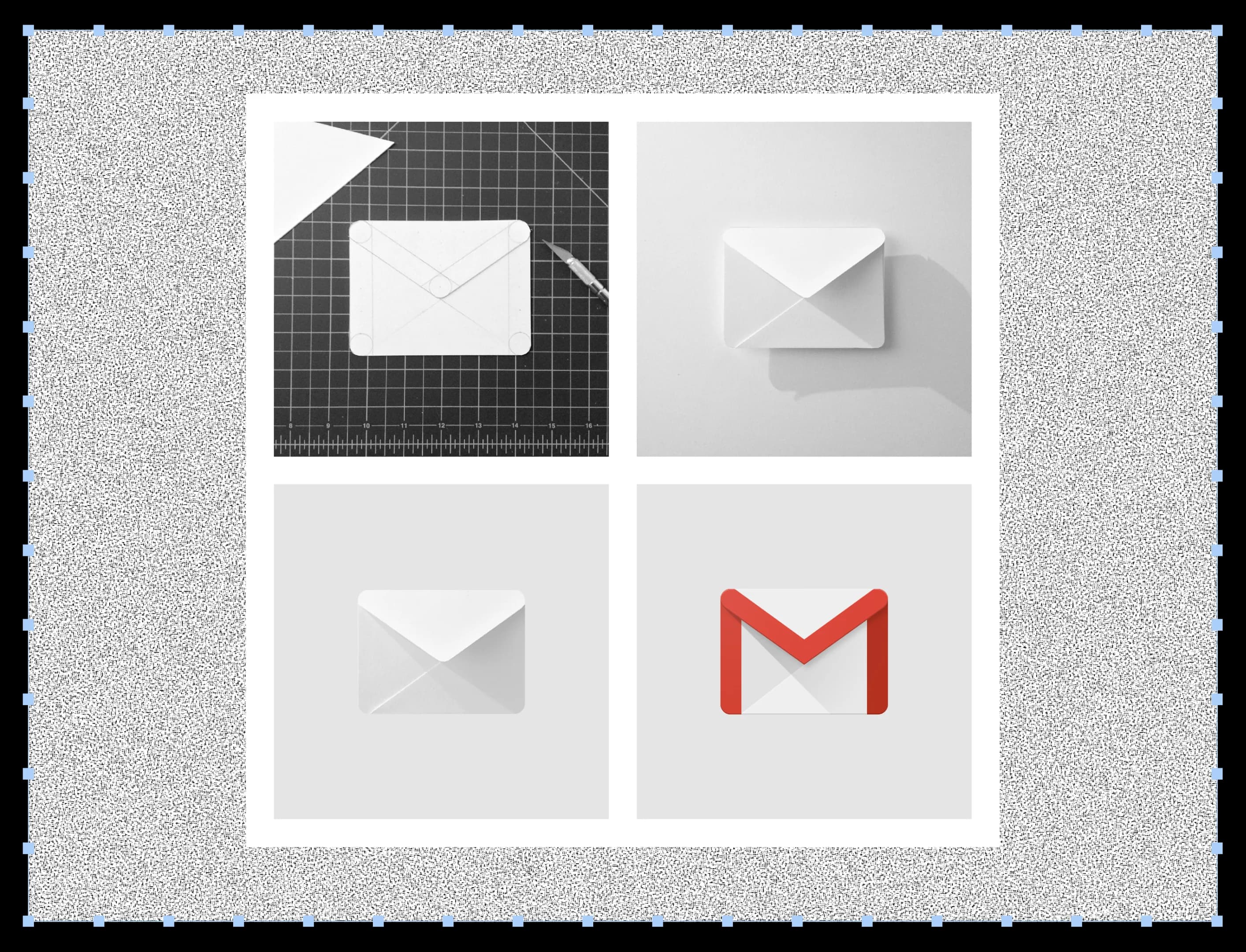 Four variations of a mail icon design. Top left: paper prototype. Top right: folded paper. Bottom left: flat white icon. Bottom right: Gmail "M" logo.
