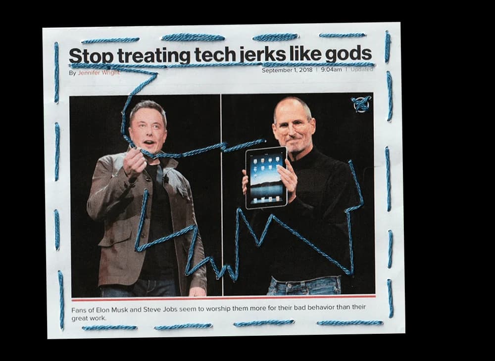 Newspaper clipping, "Stop treating tech jerks like gods," featuring Elon Musk and Steve Jobs. Blue thread connects the two and underlines the title.