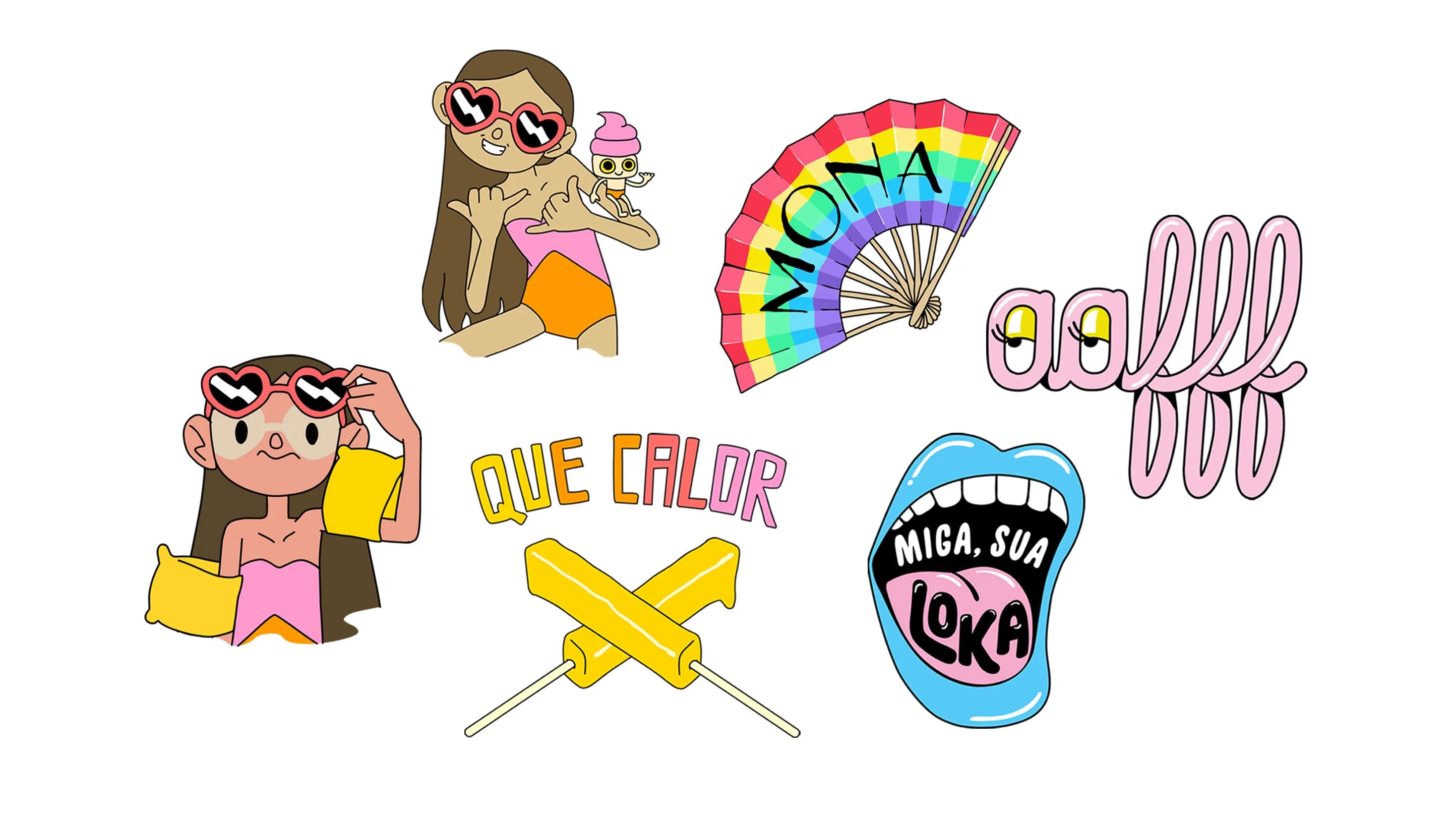 Summer fun stickers: girls in heart sunglasses, rainbow fan, popsicles, "Que Calor," and "Miga, Sua Loka" open mouth.