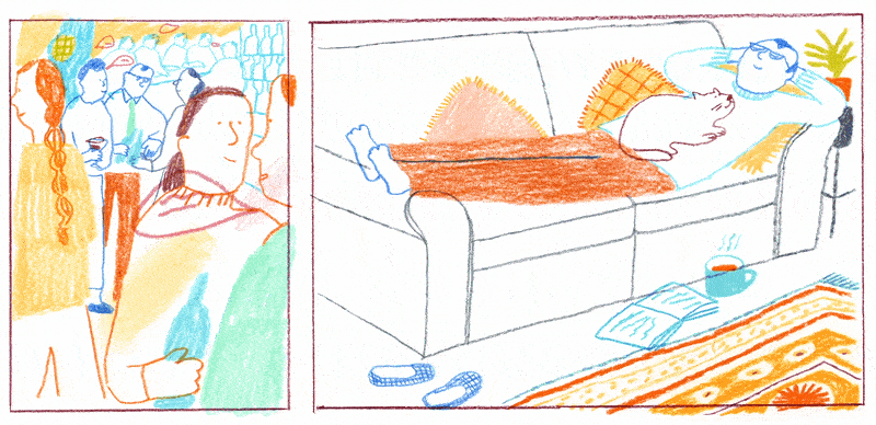 "Two-panel cartoon. Left: people socialize at a party. Right: a person relaxes on a couch with a cat, blanket, hot drink, and book. "