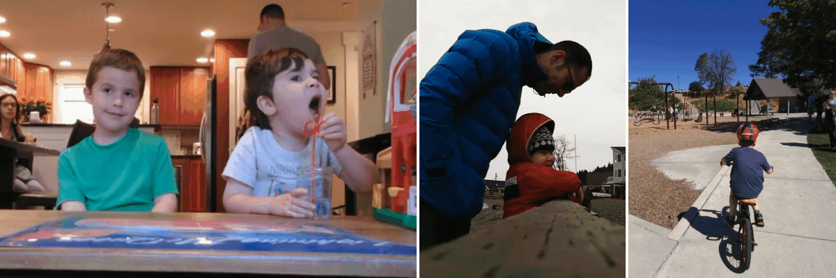 Photo collage of childhood moments: two boys at a table, a father and child at a playground, and a child riding a bike.