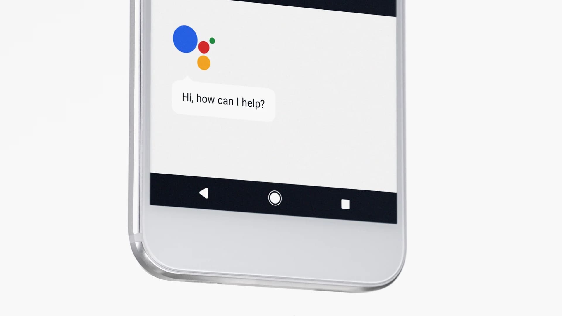 Close-up of white smartphone. Google Assistant is activated and displays, "Hi, how can I help?"